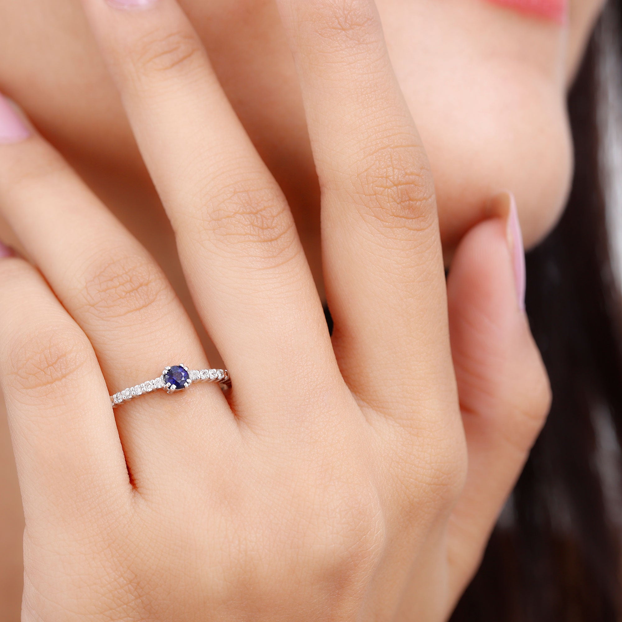 Rosec Jewels-Round Blue Sapphire Dainty Promise Ring with Diamond