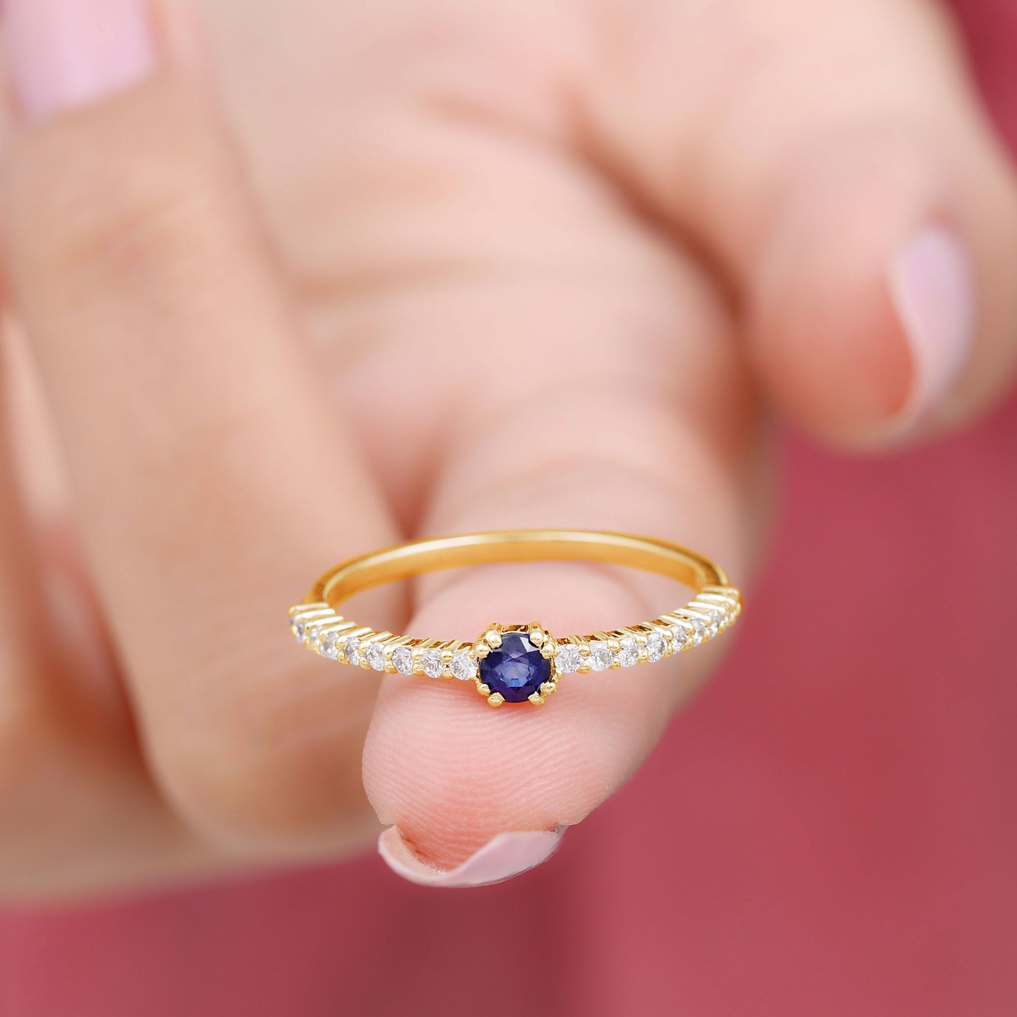 Rosec Jewels-Round Blue Sapphire Dainty Promise Ring with Diamond