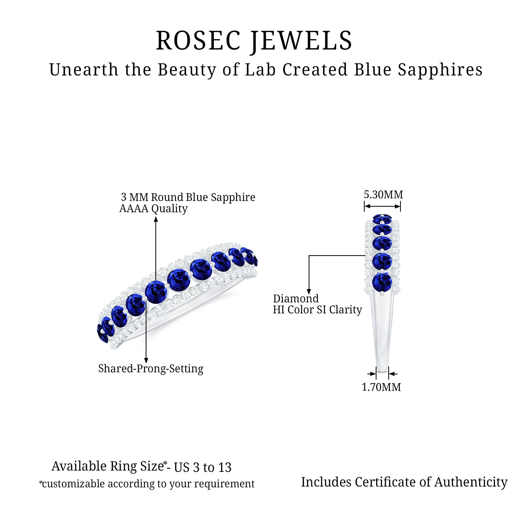 Rosec Jewels-Minimal Created Blue Sapphire and Diamond Anniversary Band Ring