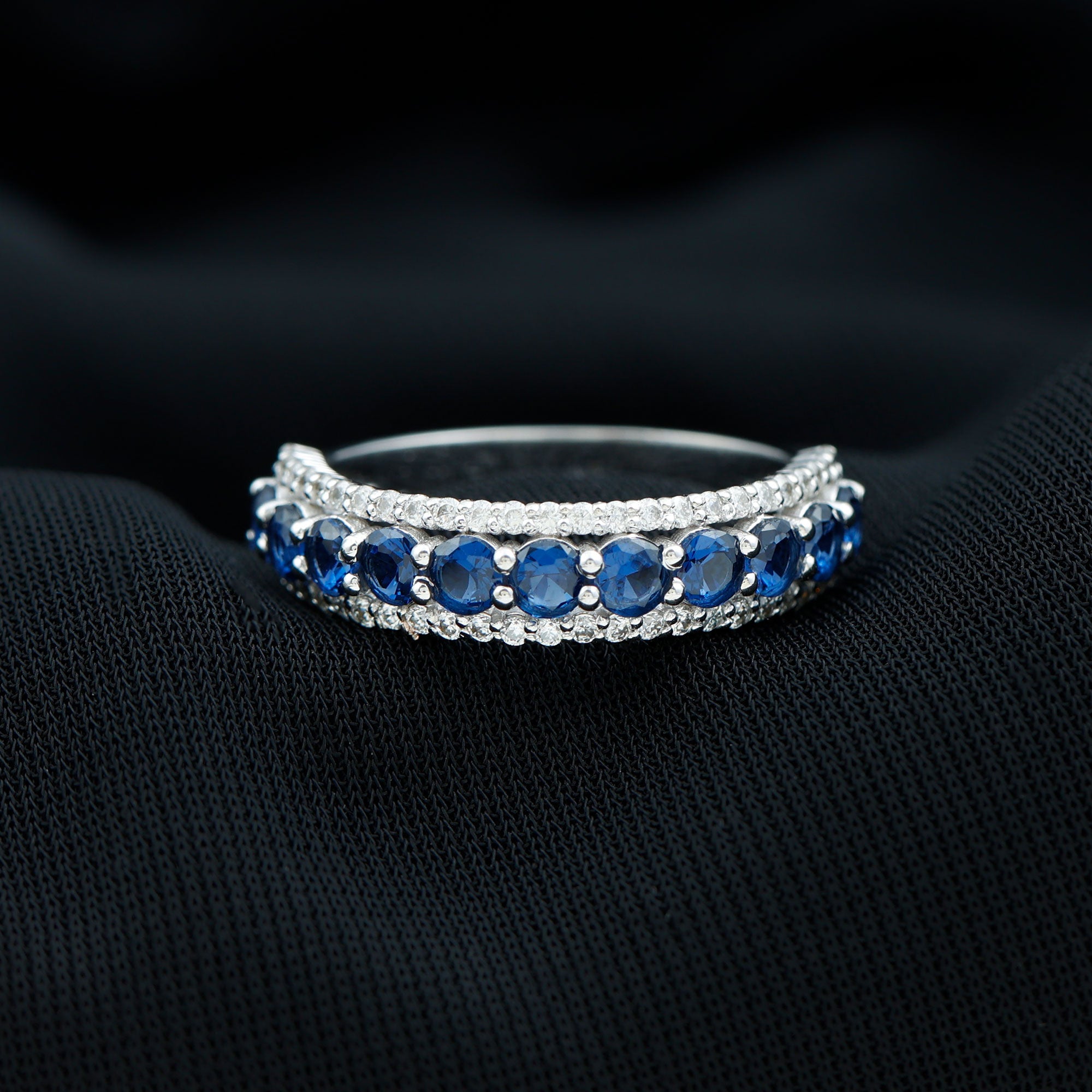 Rosec Jewels-Minimal Created Blue Sapphire and Diamond Anniversary Band Ring