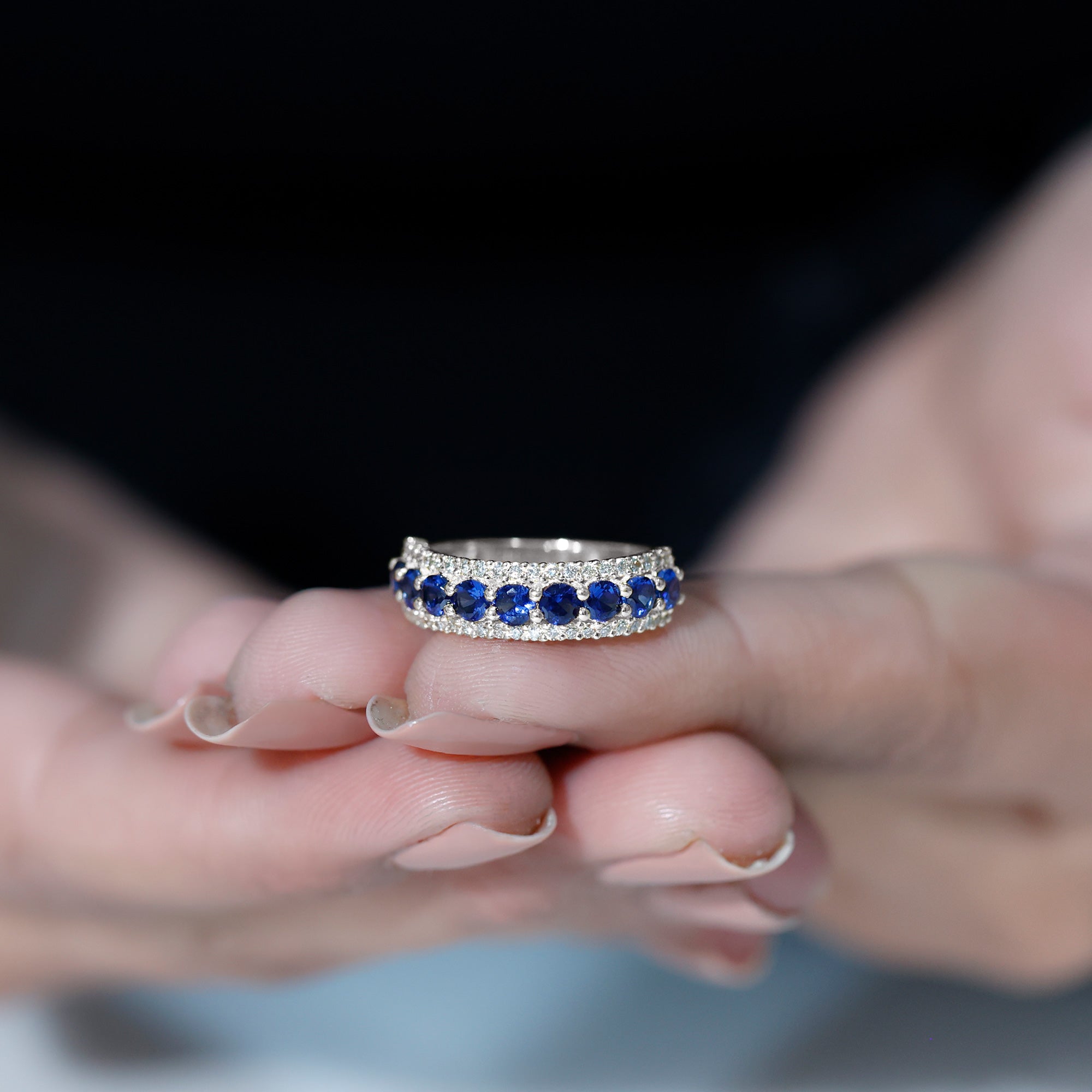 Rosec Jewels-Minimal Created Blue Sapphire and Diamond Anniversary Band Ring