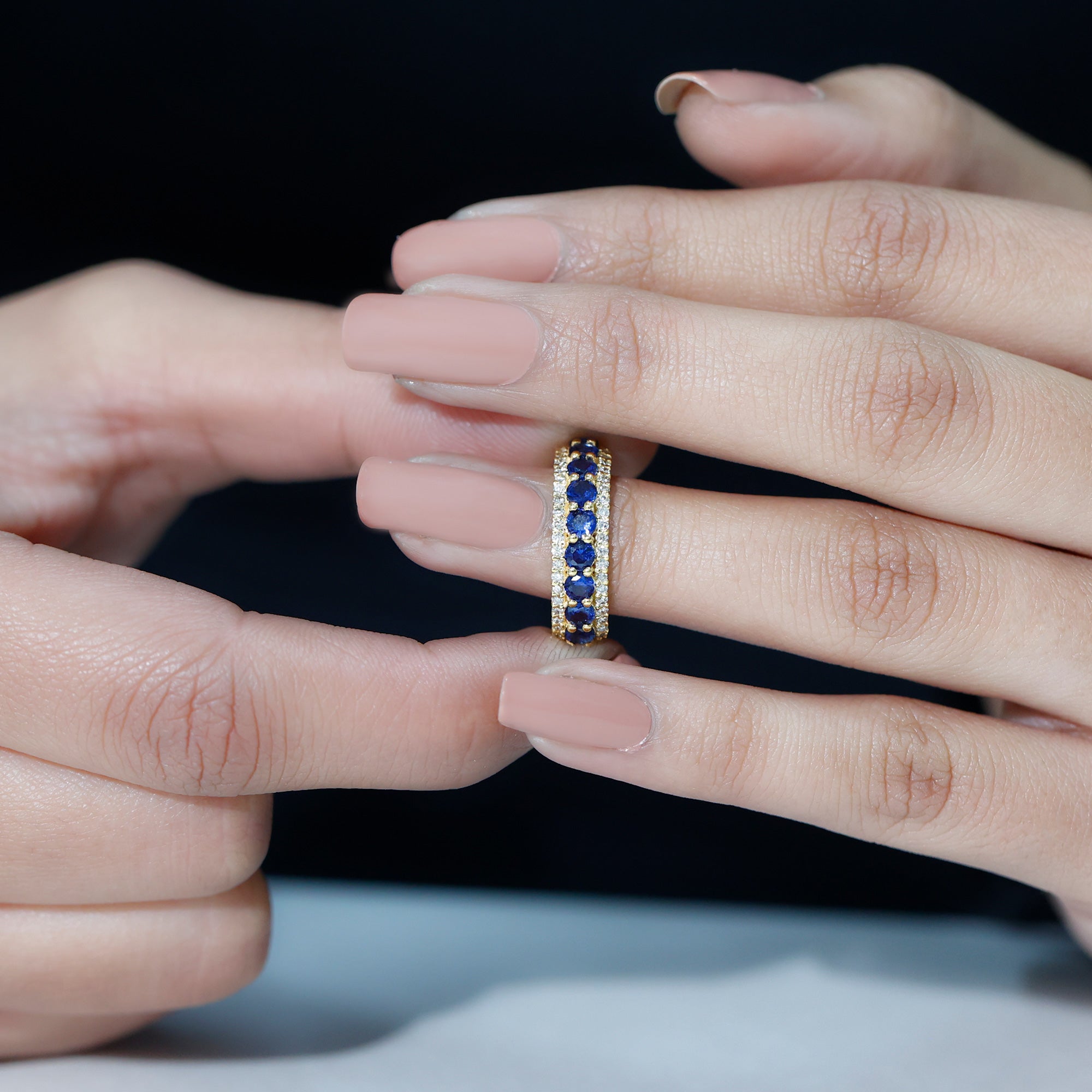 Rosec Jewels-Minimal Created Blue Sapphire and Diamond Anniversary Band Ring