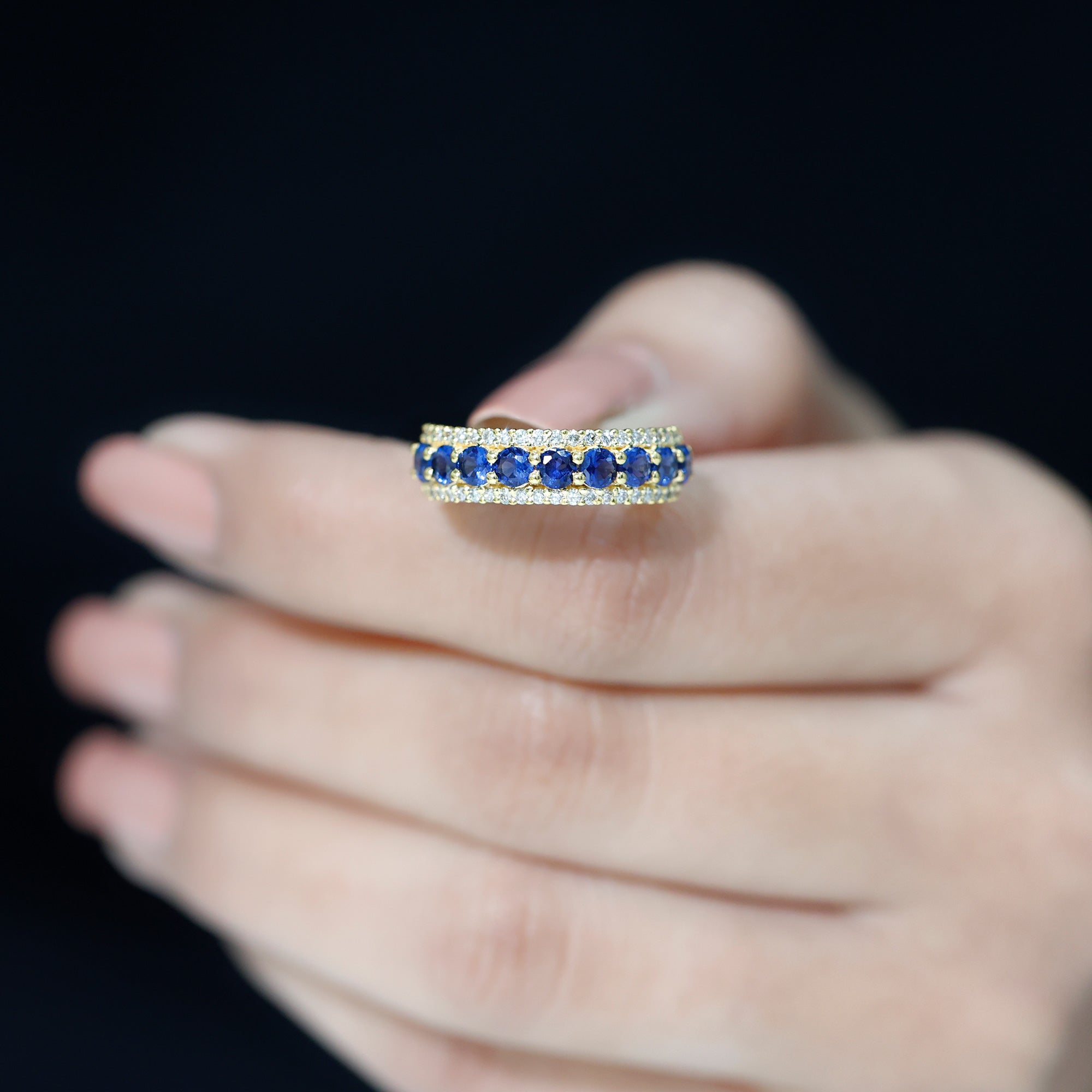 Rosec Jewels-Minimal Created Blue Sapphire and Diamond Anniversary Band Ring