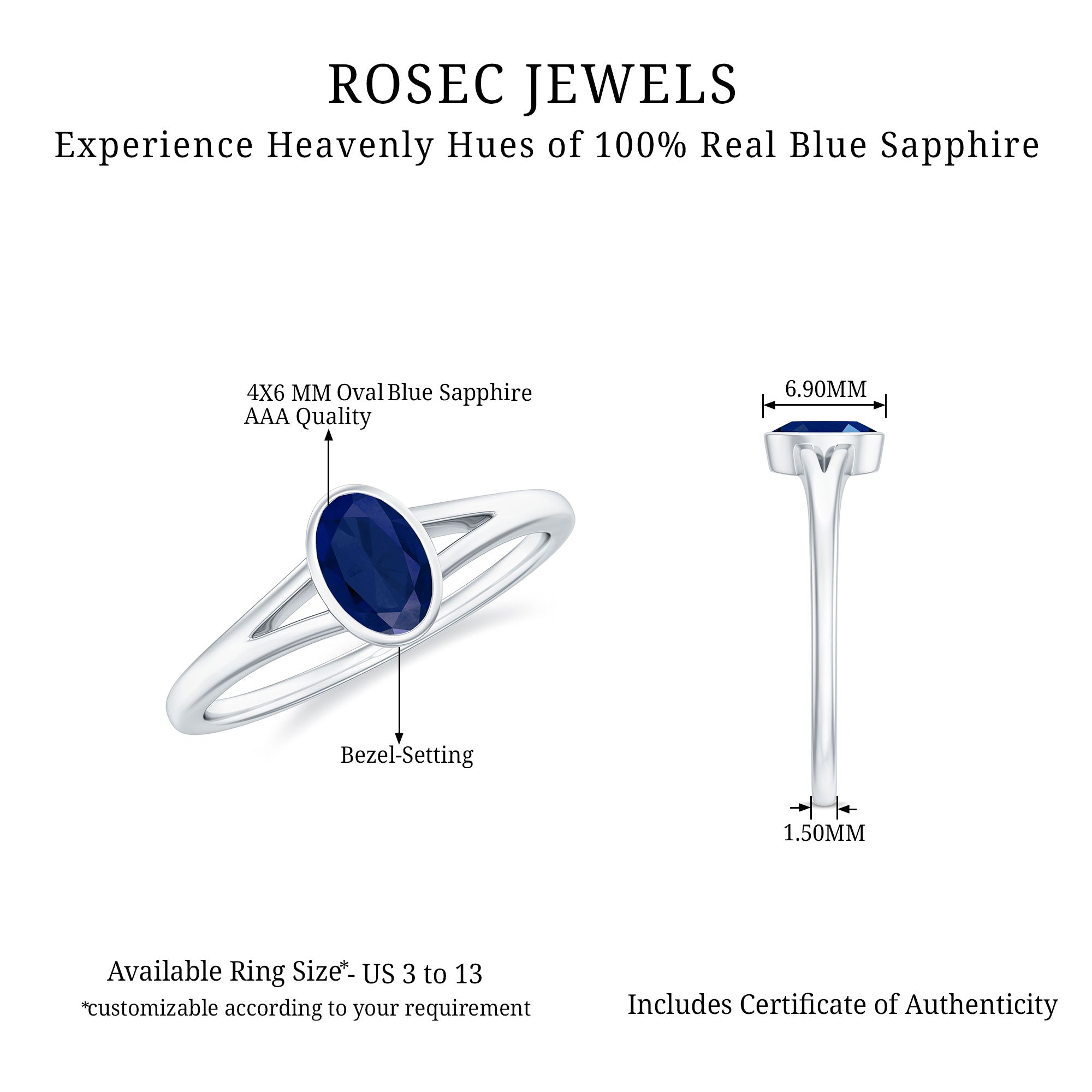 Rosec Jewels-Oval Blue Sapphire Solitaire Engagement Ring in Split Shank