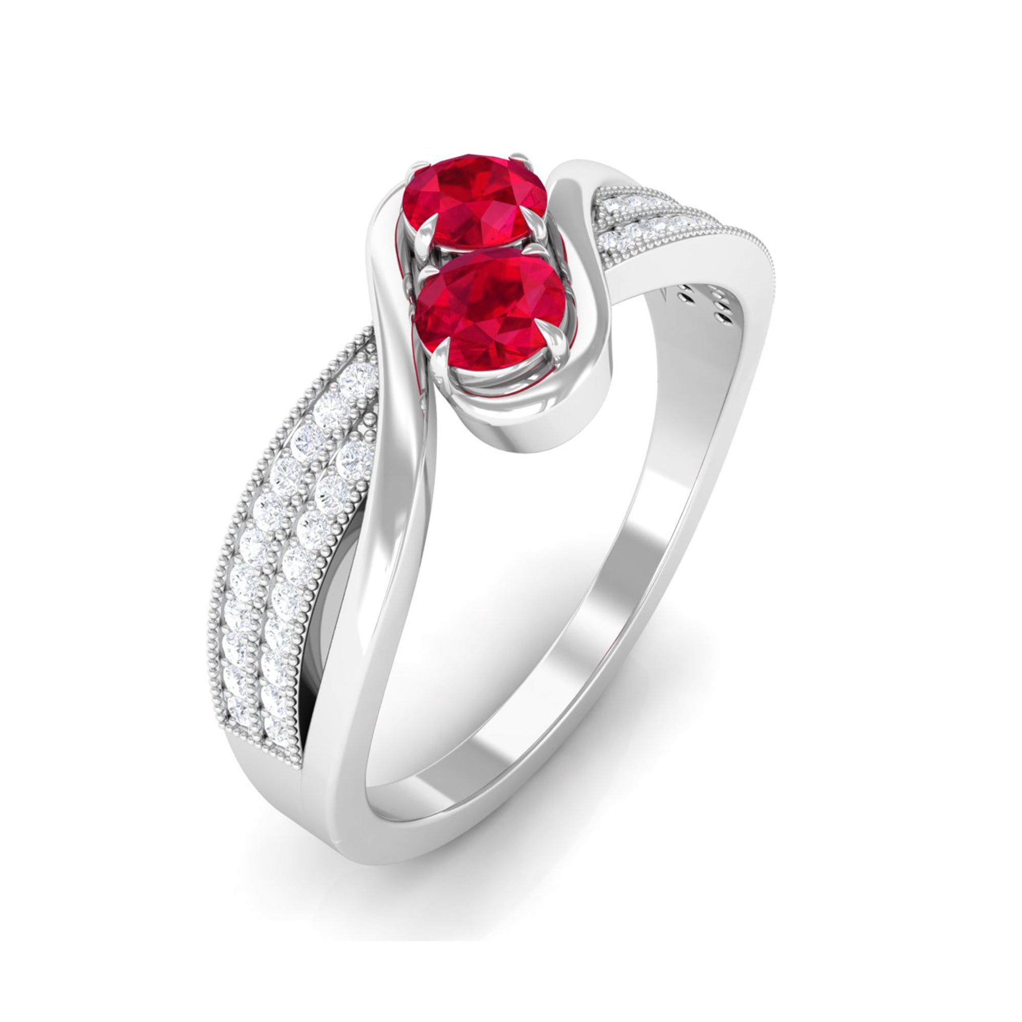 Rosec Jewels-Created Ruby 2 Stone Bypass Engagement Ring with Diamond