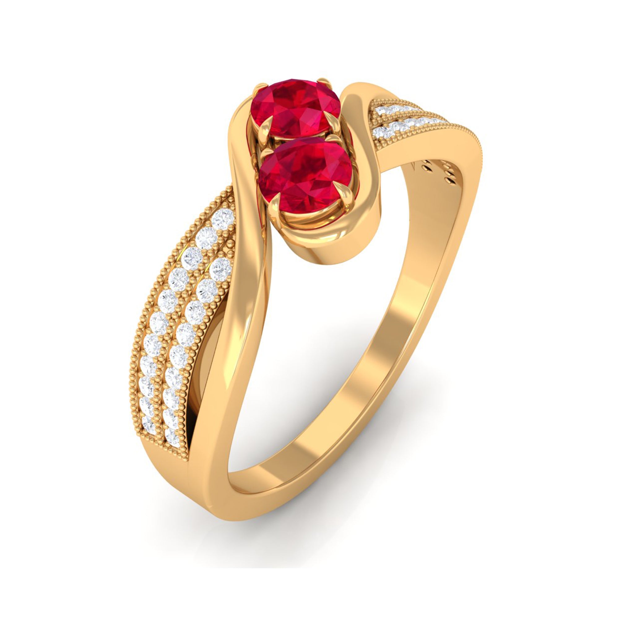 Rosec Jewels-Created Ruby 2 Stone Bypass Engagement Ring with Diamond