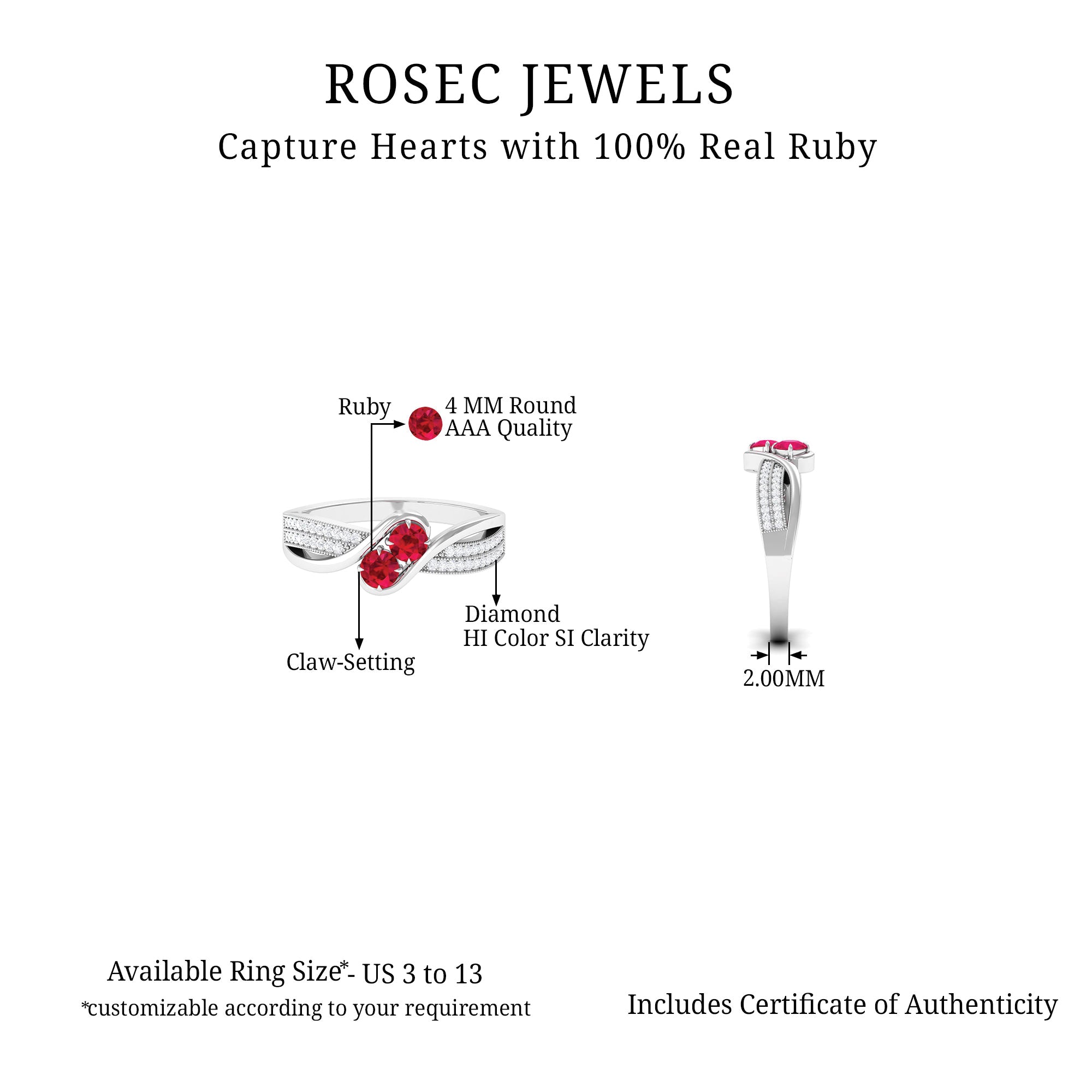 Rosec Jewels-Two Stone Ruby Bypass Engagement Ring with Diamond