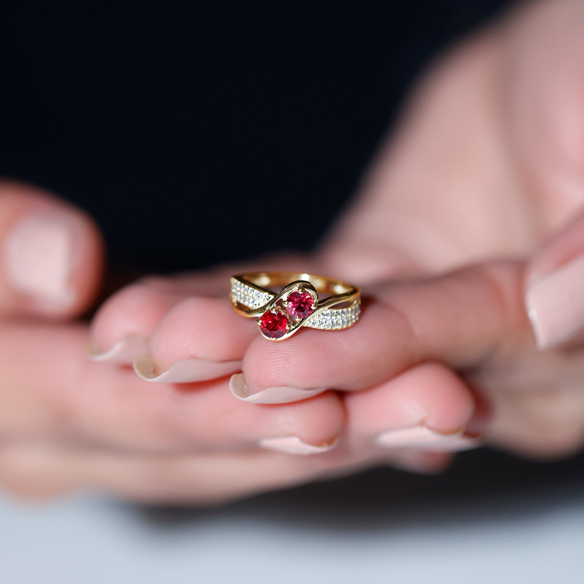 Rosec Jewels-Two Stone Ruby Bypass Engagement Ring with Diamond