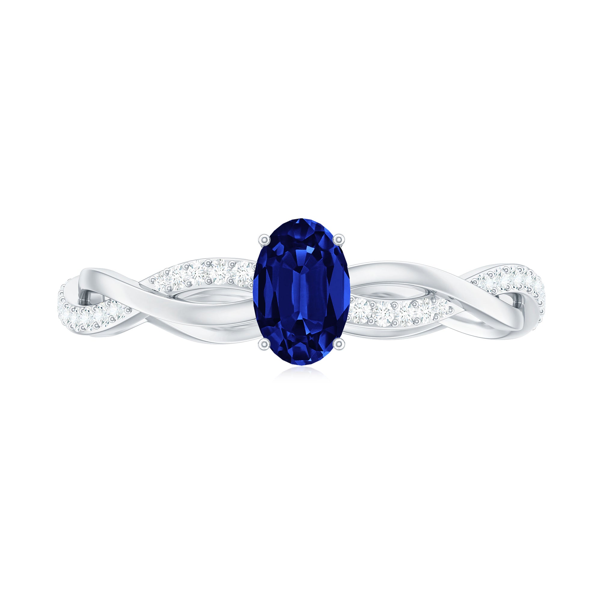 Rosec Jewels-Oval Cut Solitaire Created Blue Sapphire Braided Engagement Ring with Diamond