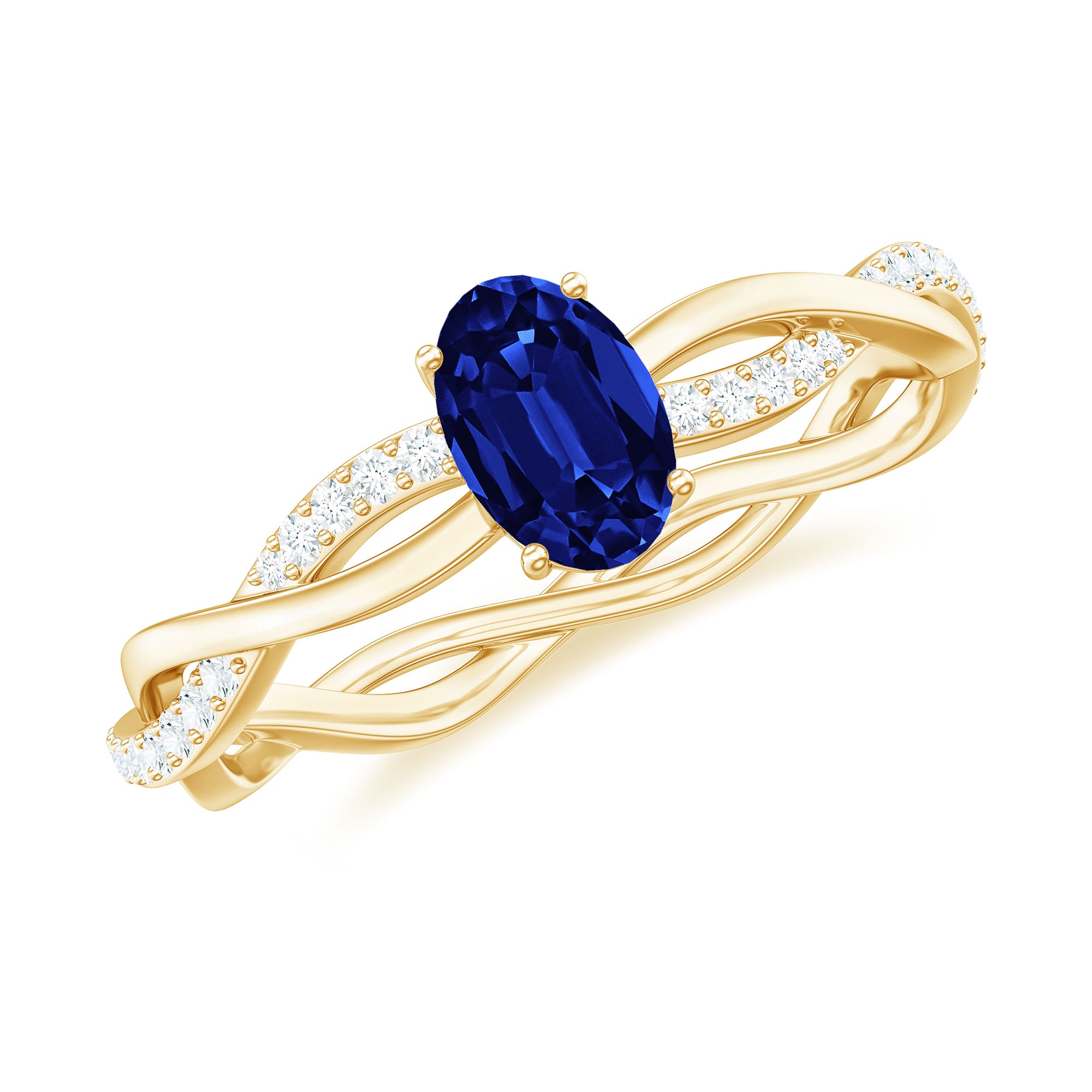 Rosec Jewels-Oval Cut Solitaire Created Blue Sapphire Braided Engagement Ring with Diamond