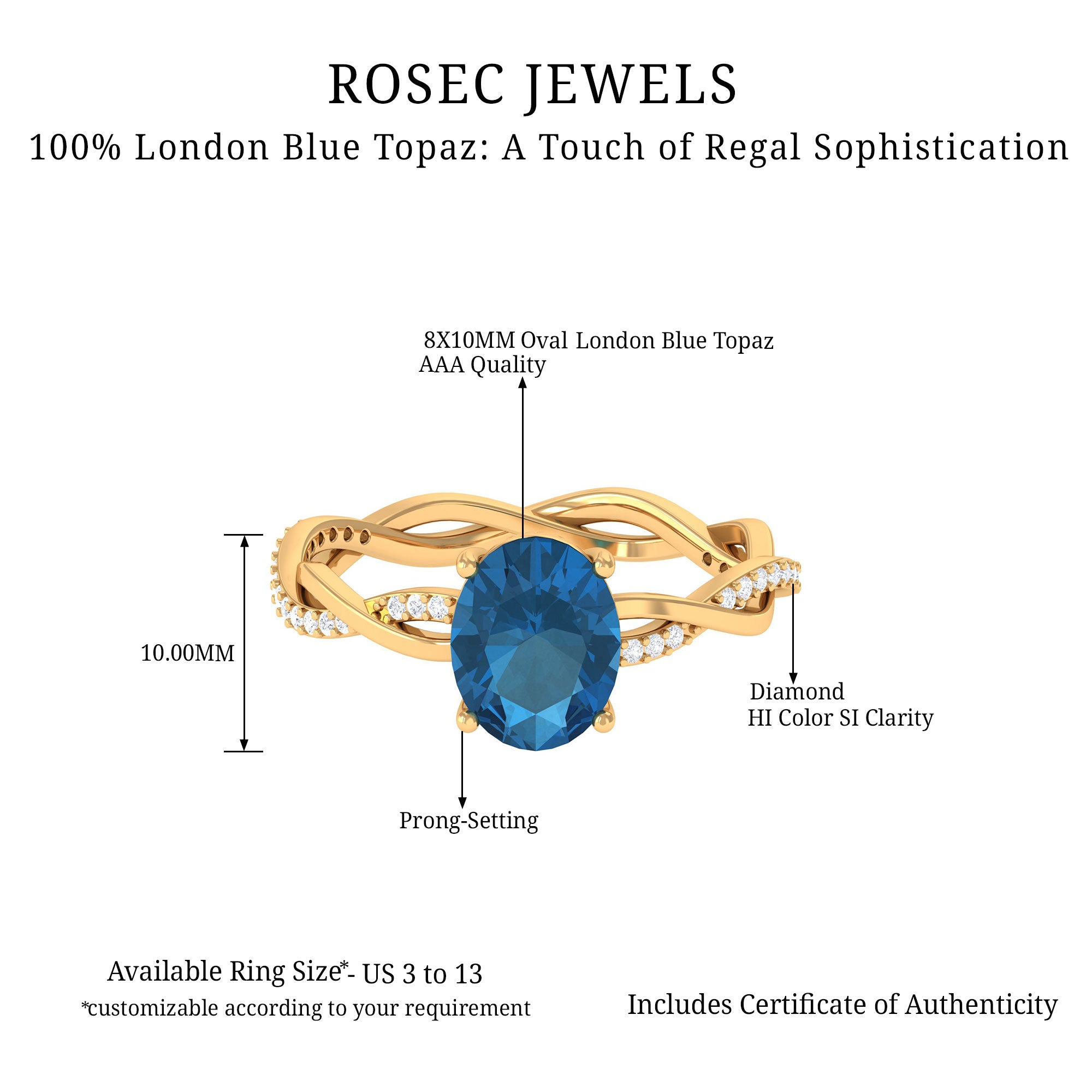 Rosec Jewels-Oval Cut Solitaire London Blue Topaz Braided Engagement Ring with Diamond