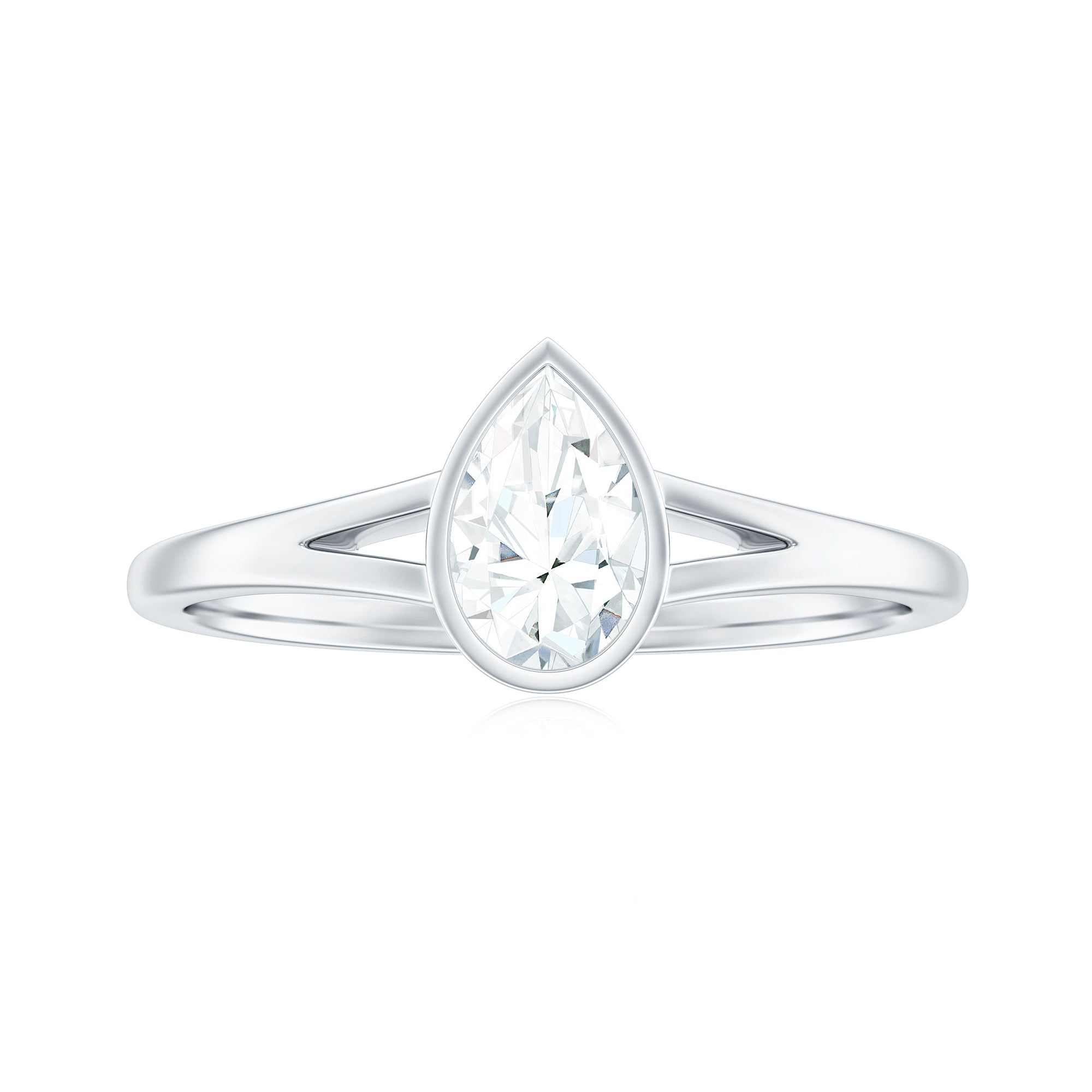 Rosec Jewels-Bezel Set Pear Moissanite Solitaire Promise Ring in Split Shank