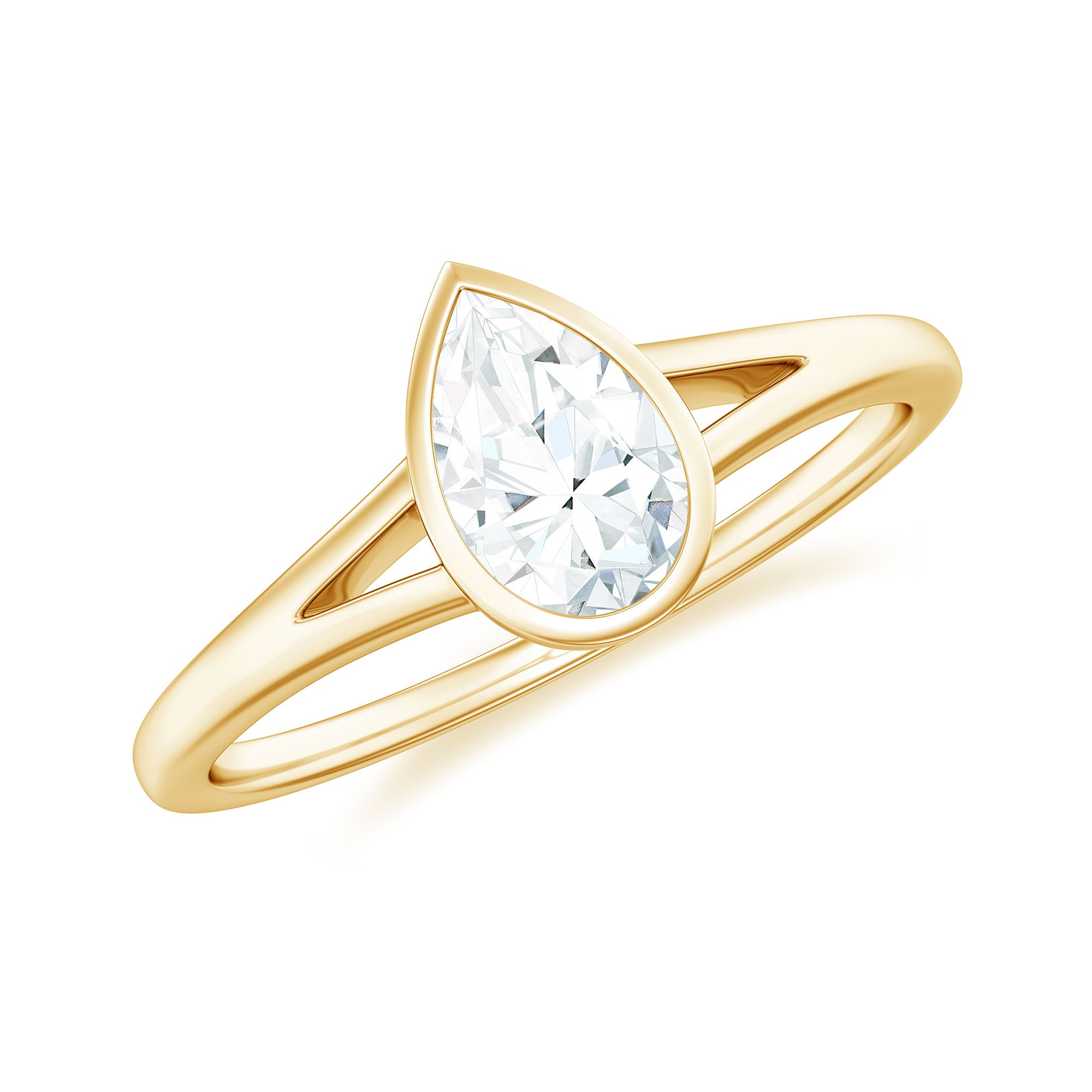 Rosec Jewels-Bezel Set Pear Moissanite Solitaire Promise Ring in Split Shank