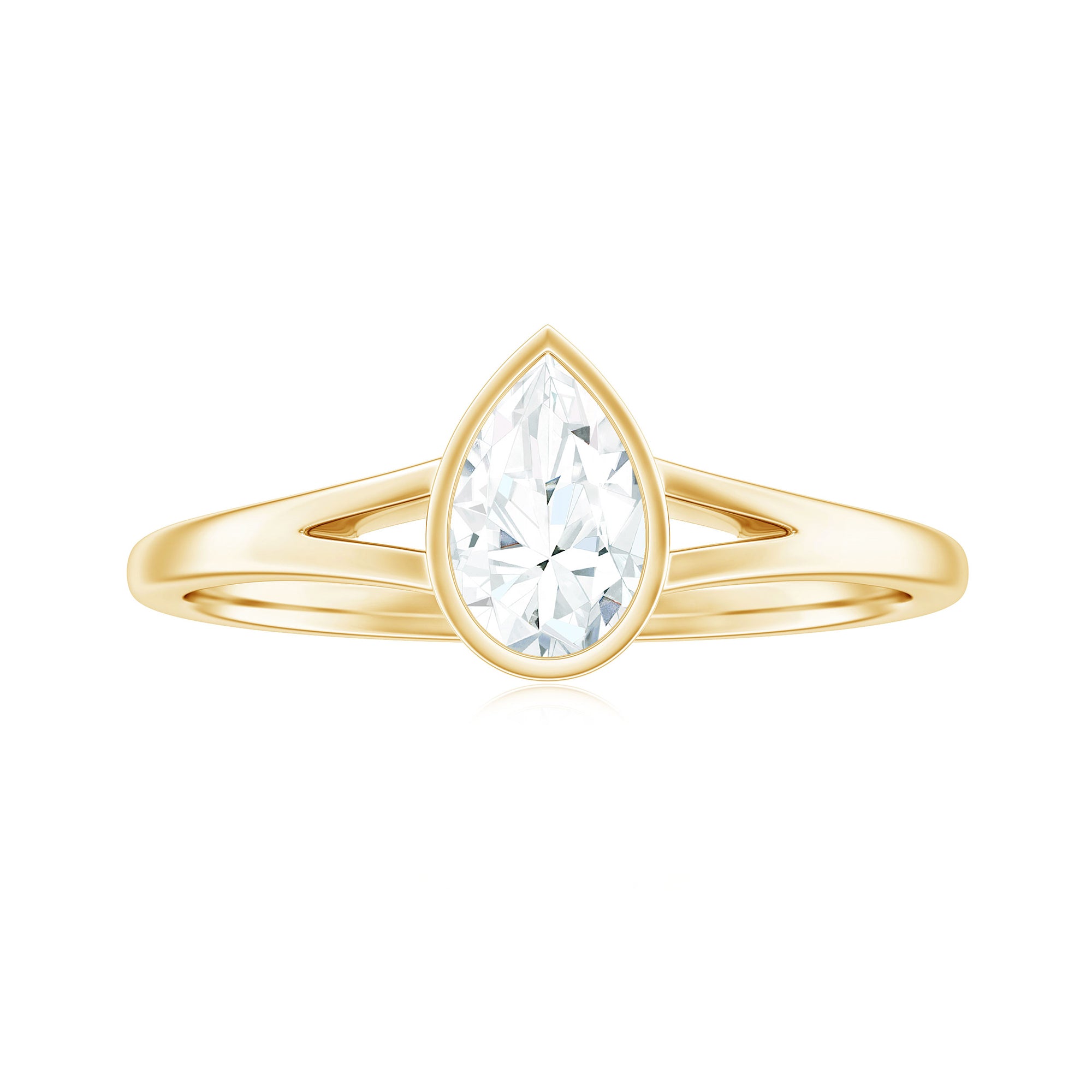 Rosec Jewels-Bezel Set Pear Moissanite Solitaire Promise Ring in Split Shank