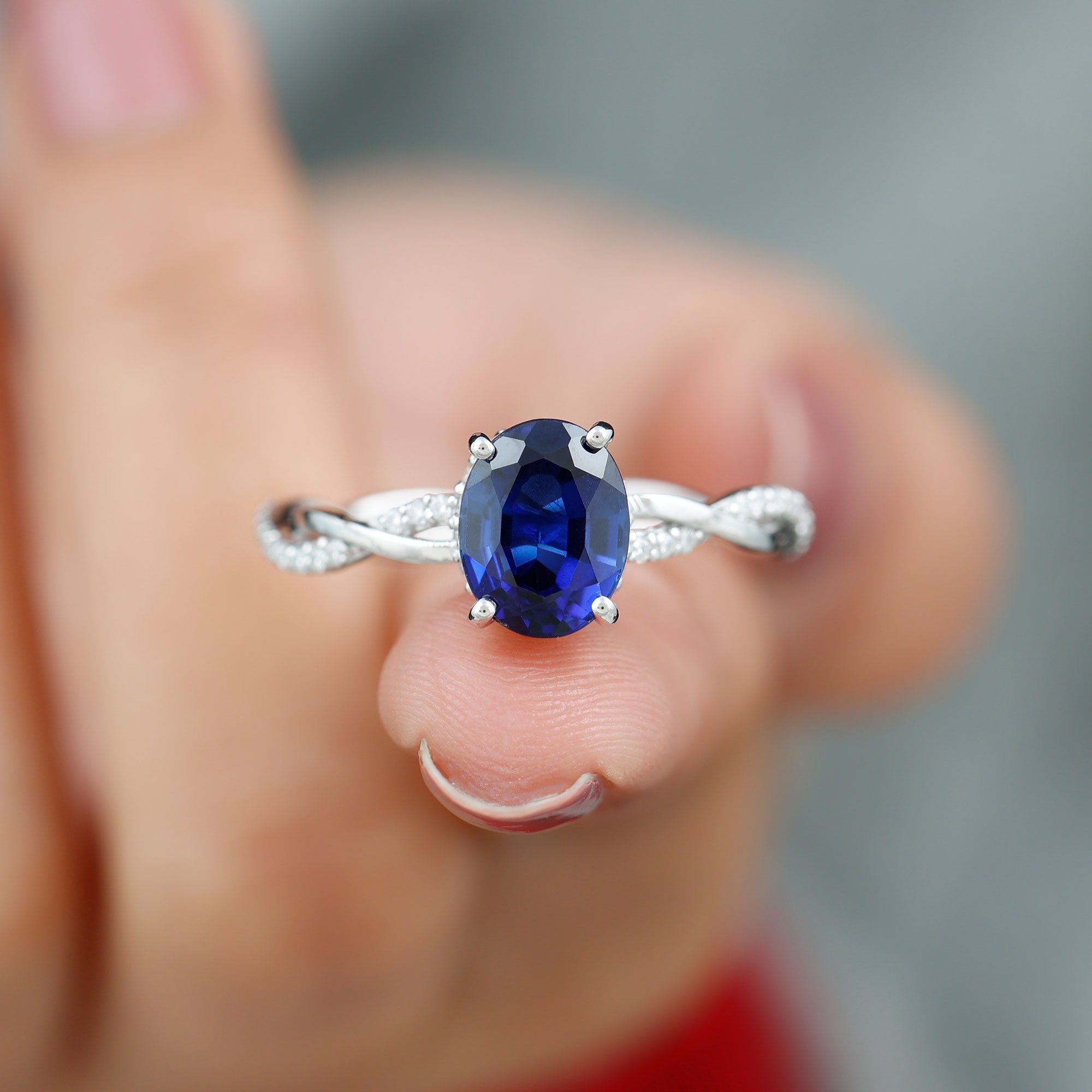 Rosec Jewels-Oval Lab Grown Blue Sapphire Solitaire Braided Ring with Diamond