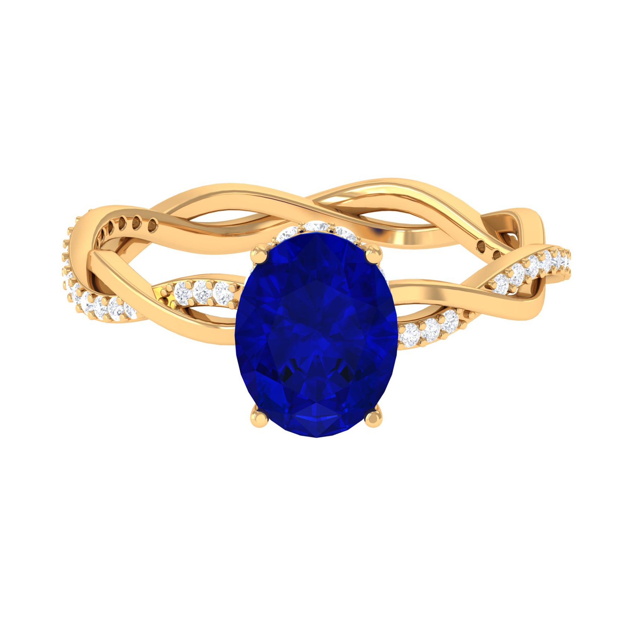 Rosec Jewels-Oval Lab Grown Blue Sapphire Solitaire Braided Ring with Diamond