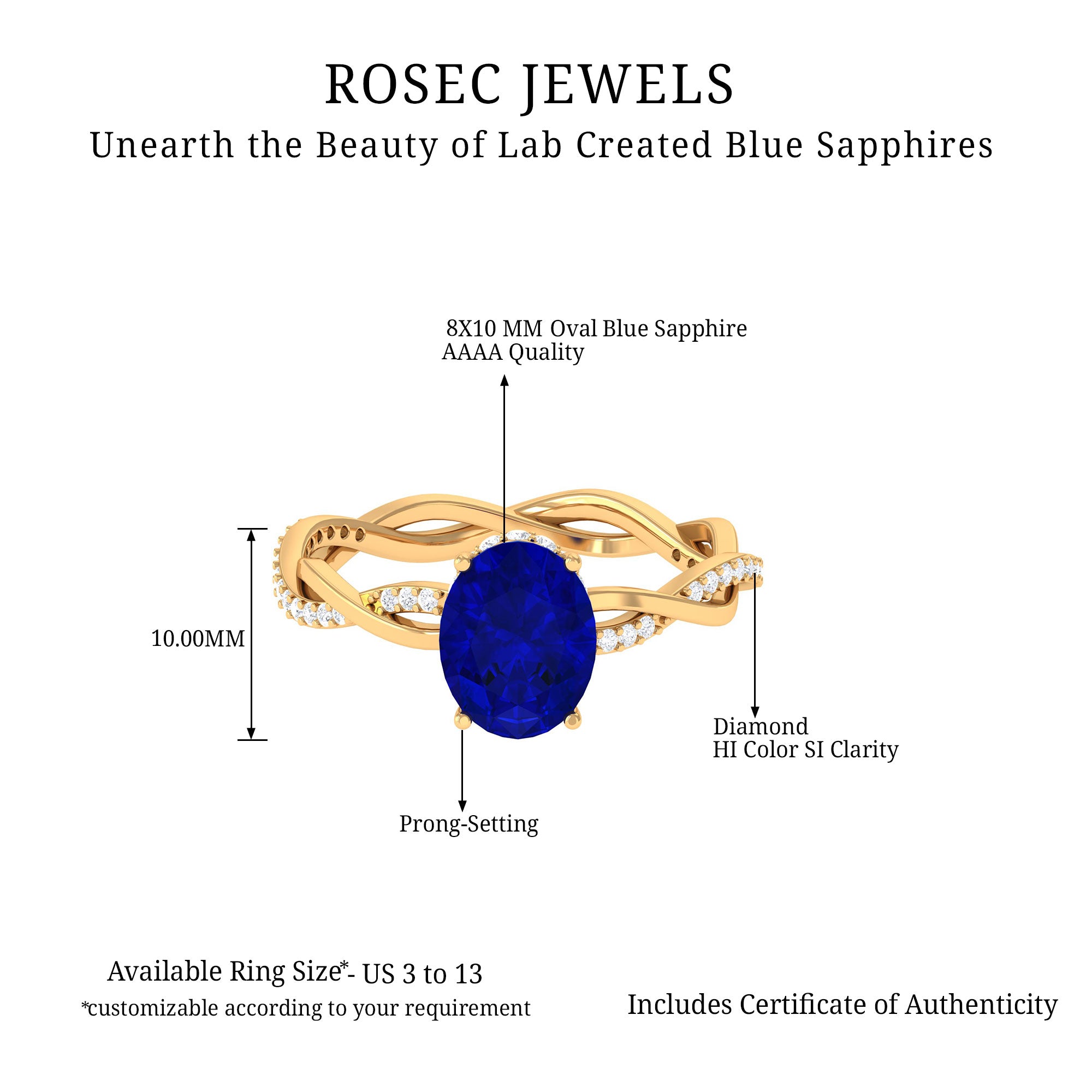 Rosec Jewels-Oval Lab Grown Blue Sapphire Solitaire Braided Ring with Diamond