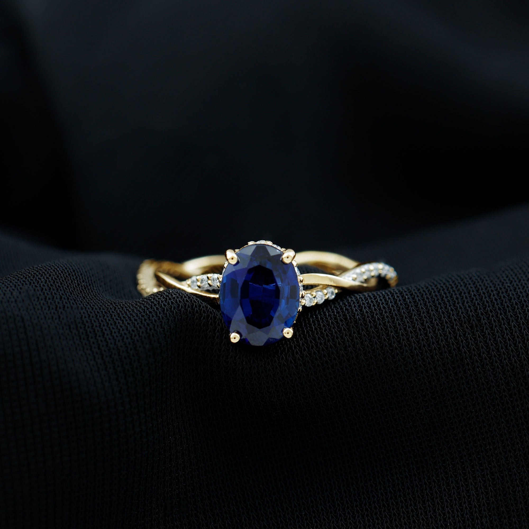 Rosec Jewels-Oval Lab Grown Blue Sapphire Solitaire Braided Ring with Diamond