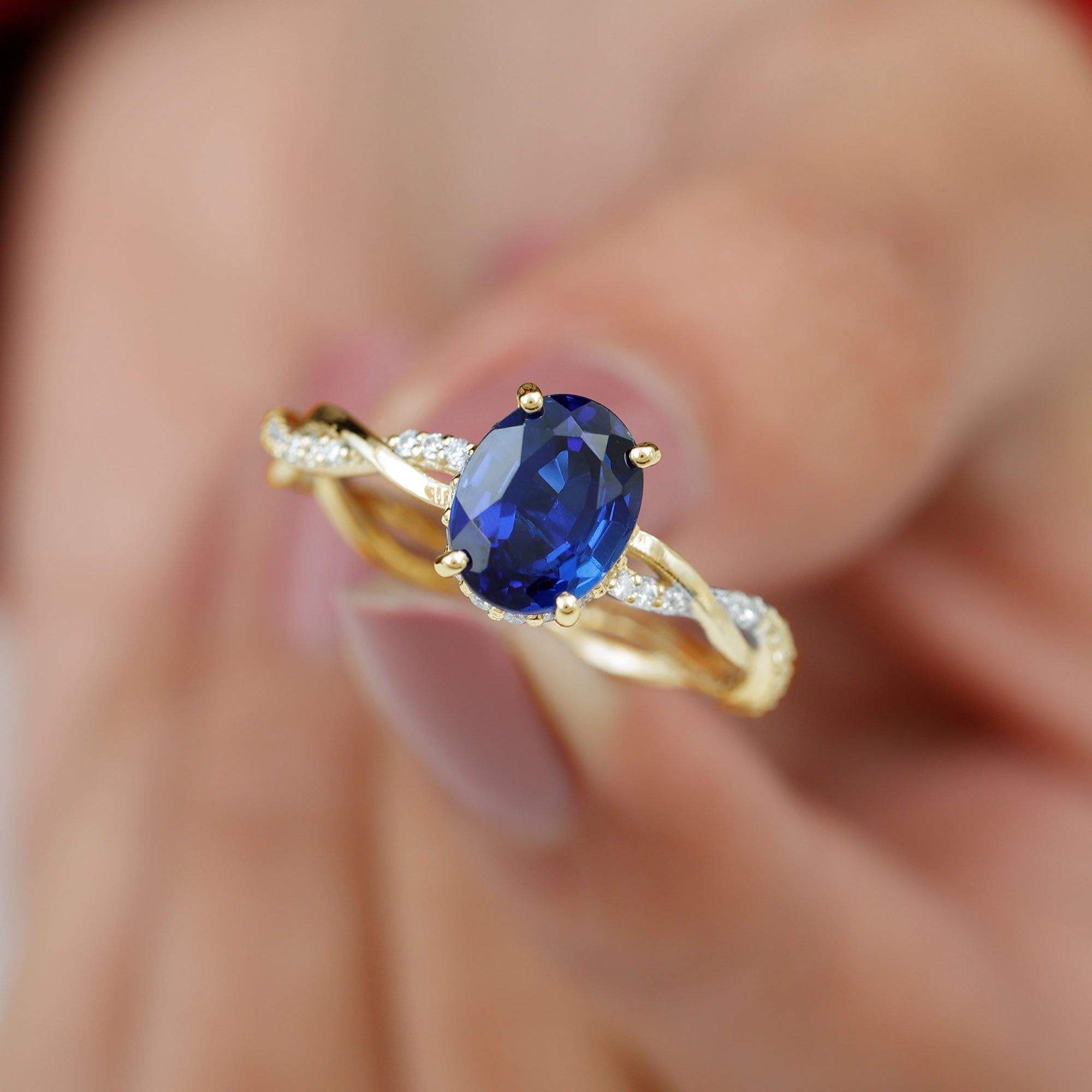 Rosec Jewels-Oval Lab Grown Blue Sapphire Solitaire Braided Ring with Diamond