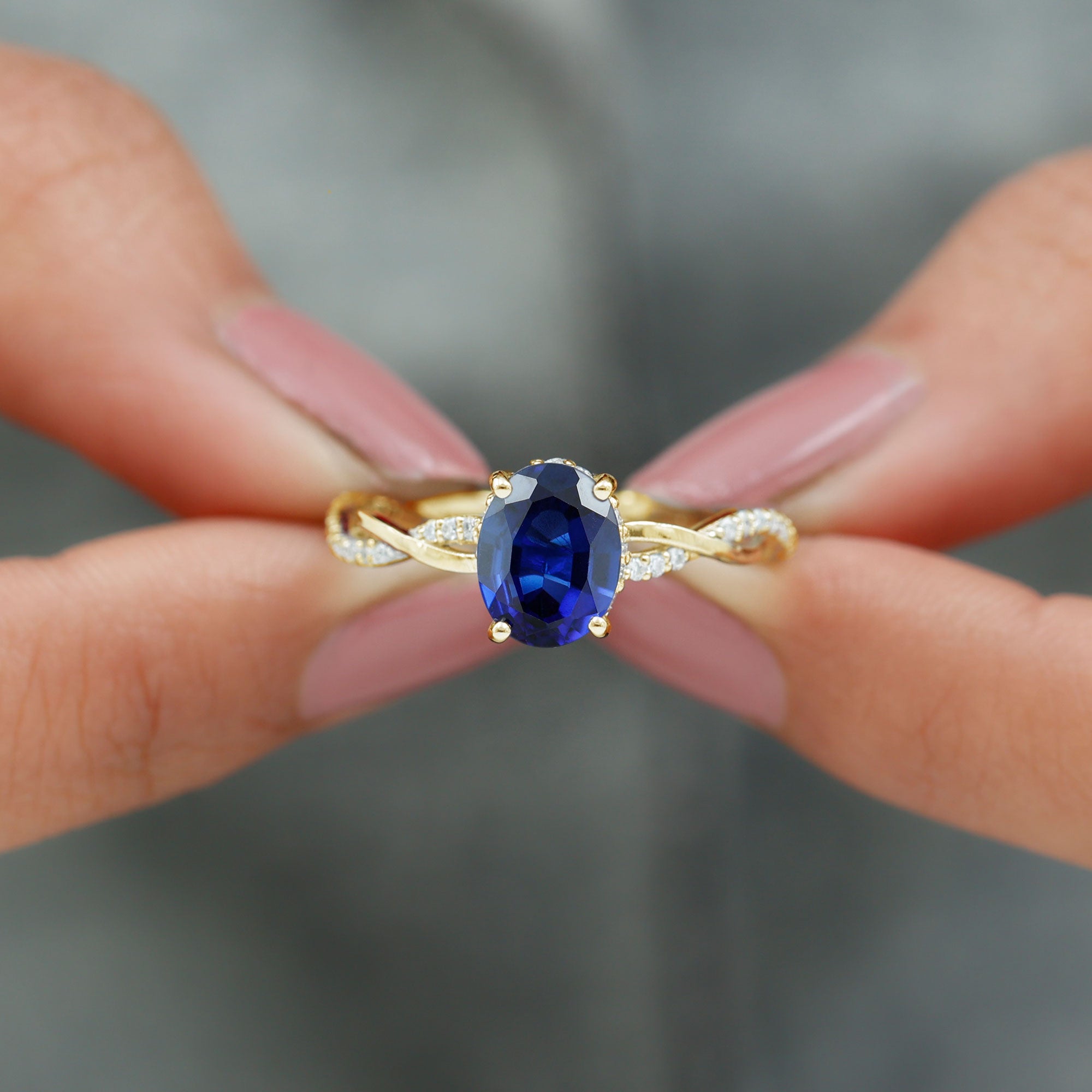 Rosec Jewels-Oval Lab Grown Blue Sapphire Solitaire Braided Ring with Diamond