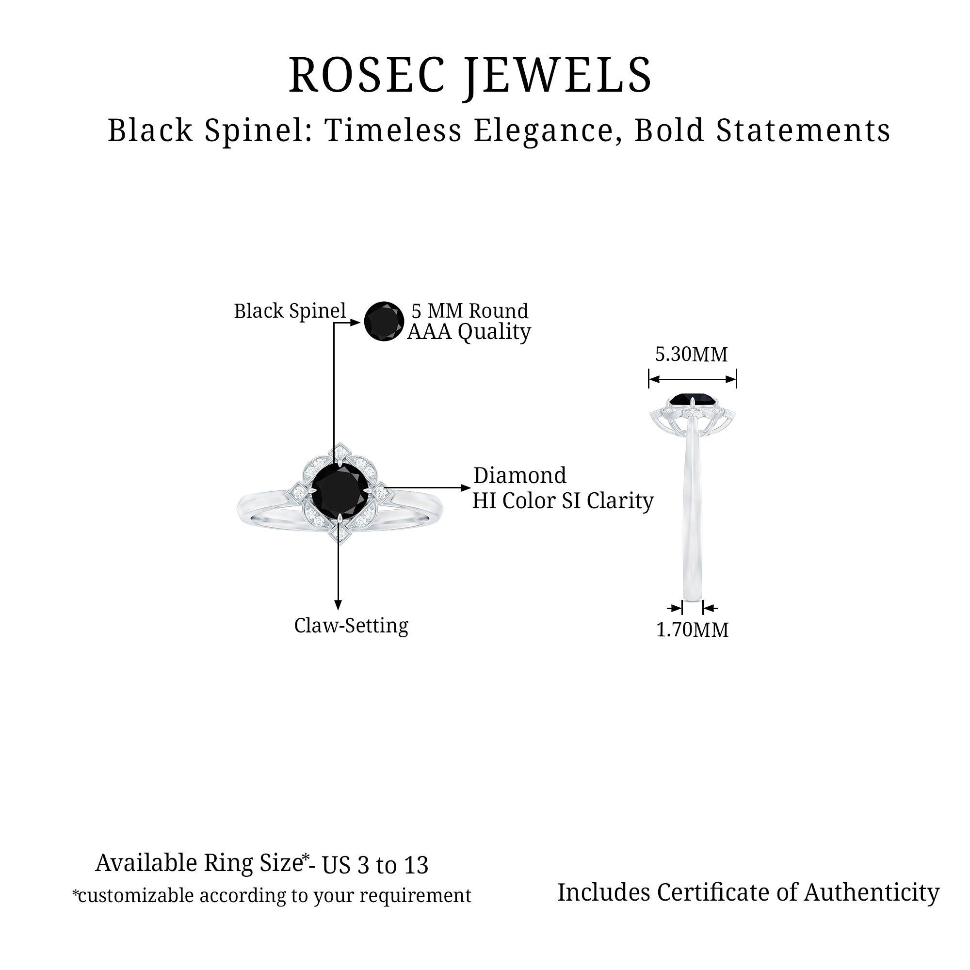 Rosec Jewels-Vintage Style Black Spinel and Diamond Engagement Ring