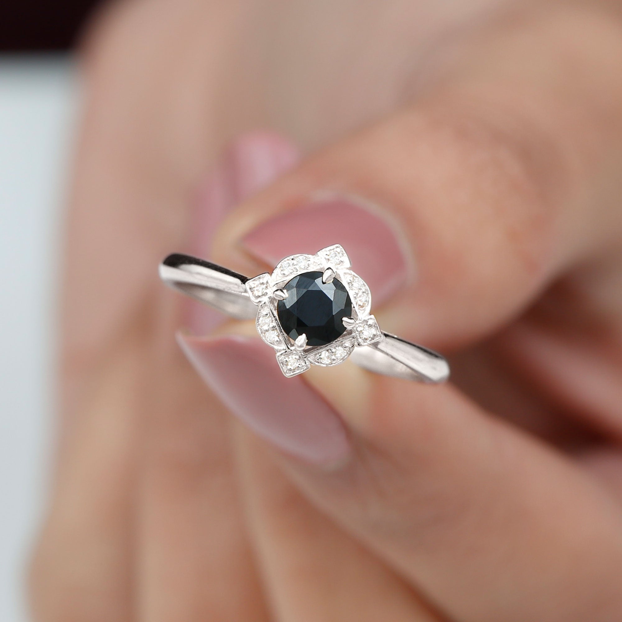 Rosec Jewels-Vintage Style Black Spinel and Diamond Engagement Ring