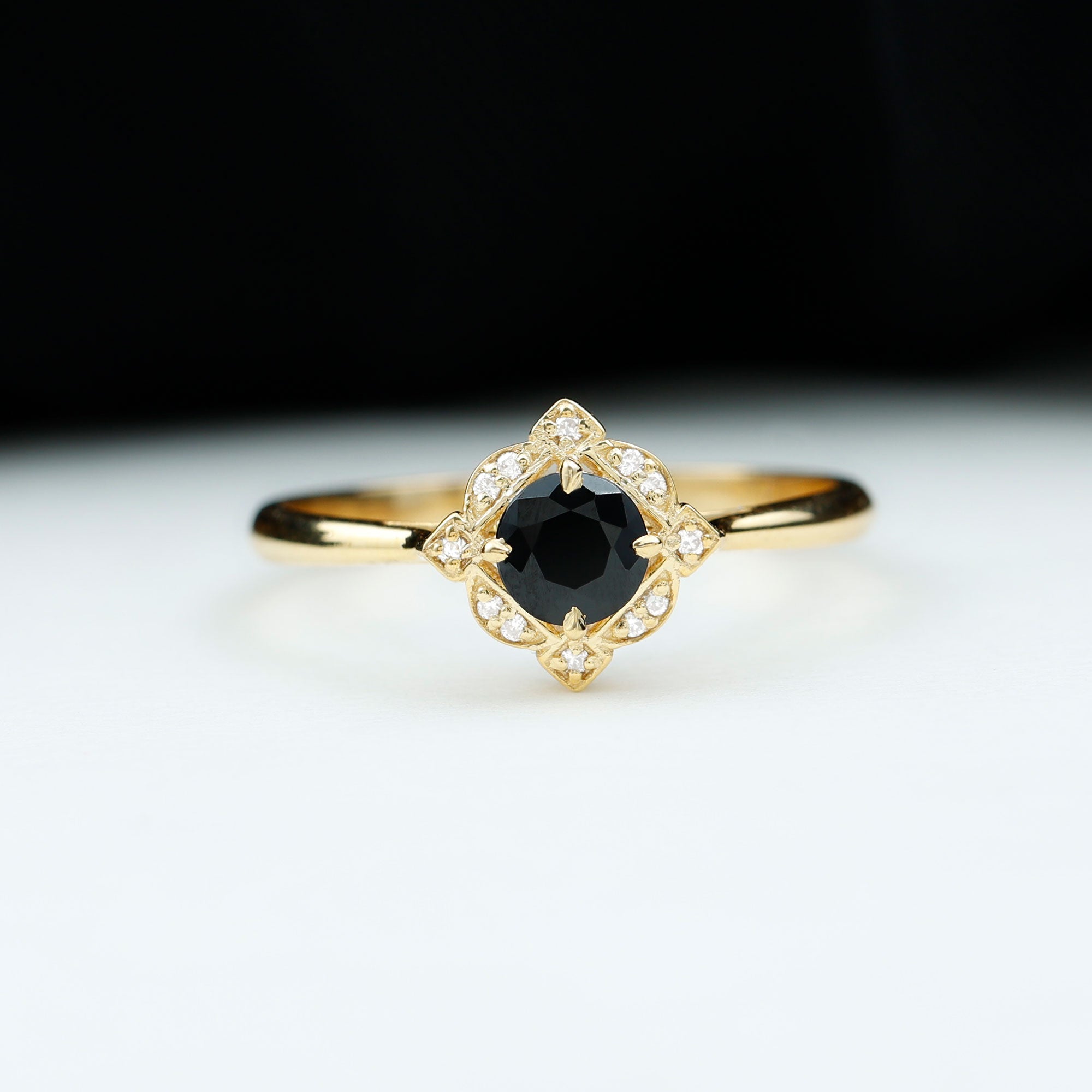 Rosec Jewels-Vintage Style Black Spinel and Diamond Engagement Ring