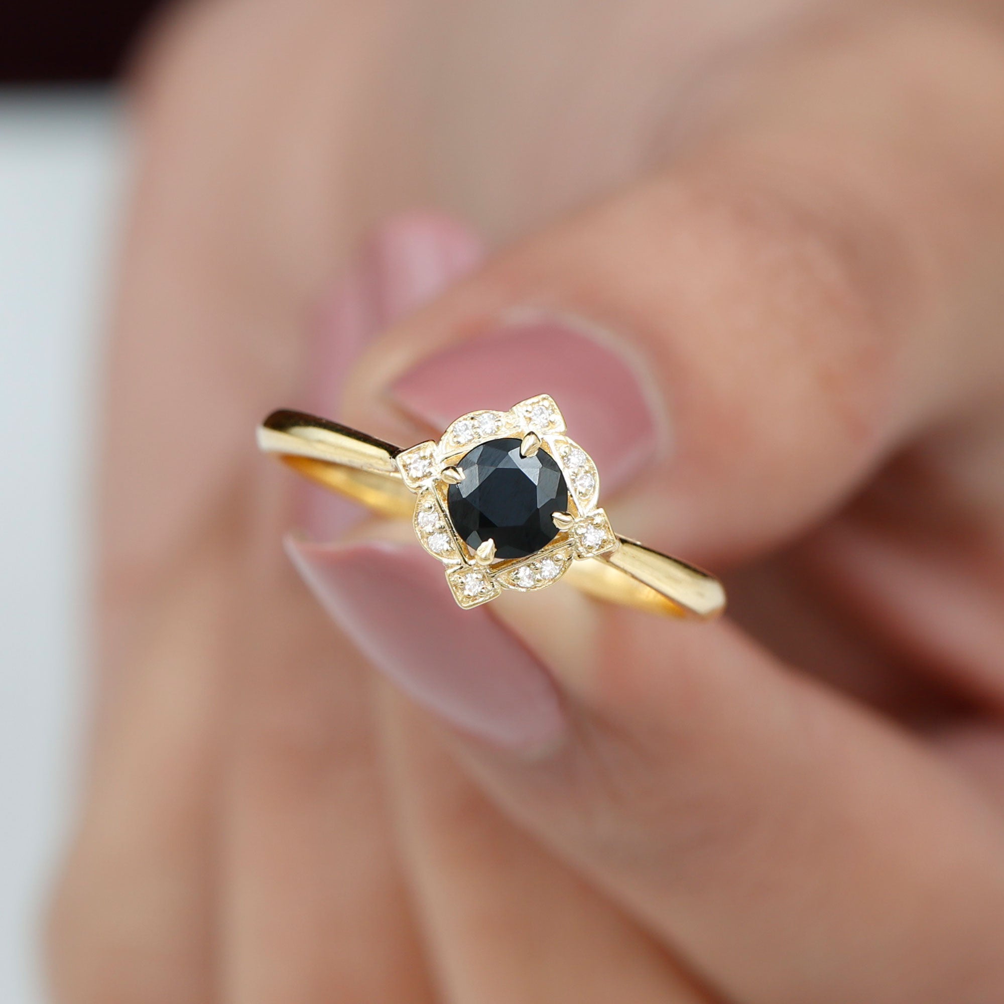 Rosec Jewels-Vintage Style Black Spinel and Diamond Engagement Ring