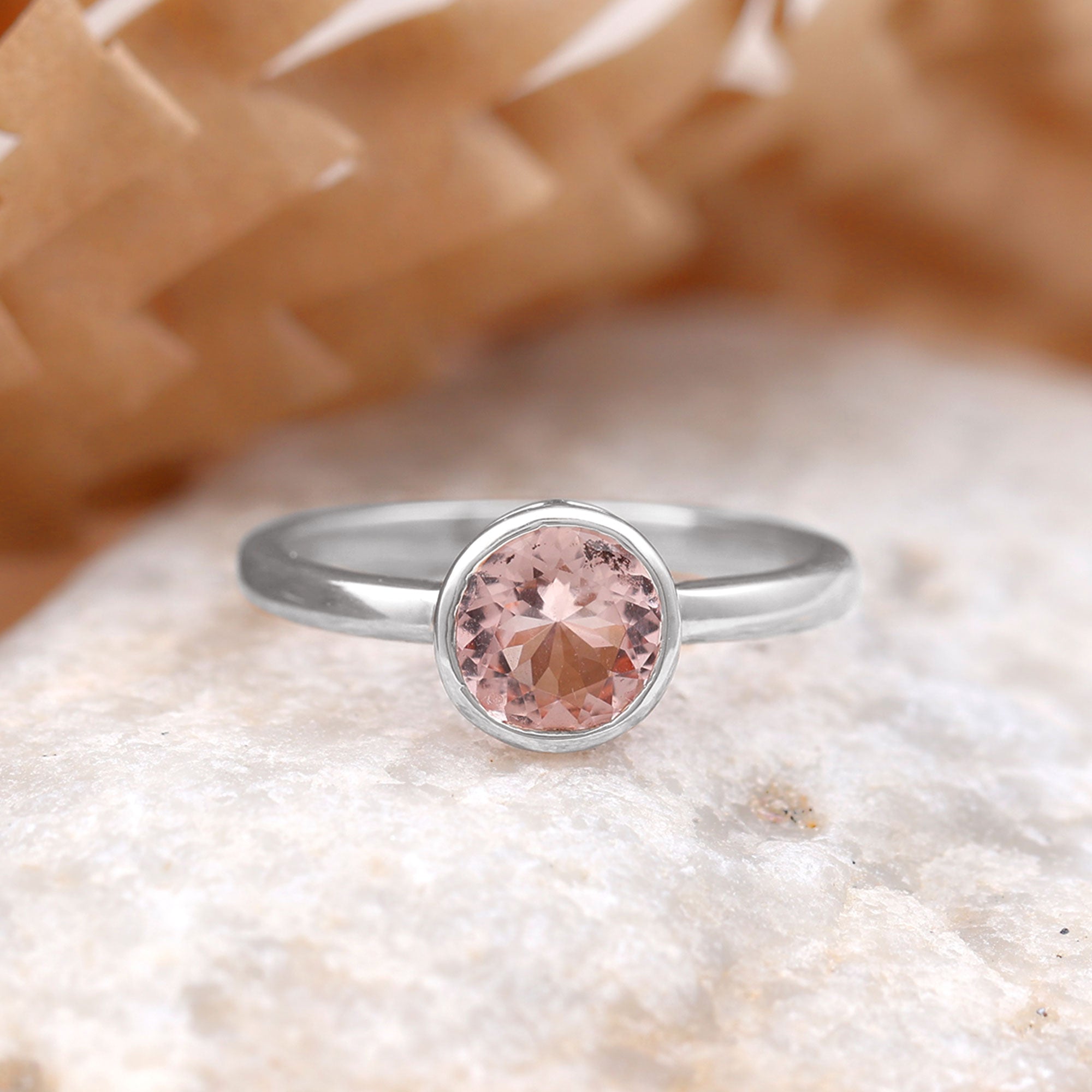 Rosec Jewels-7 MM Round Cut Bezel Set Morganite Solitaire Ring