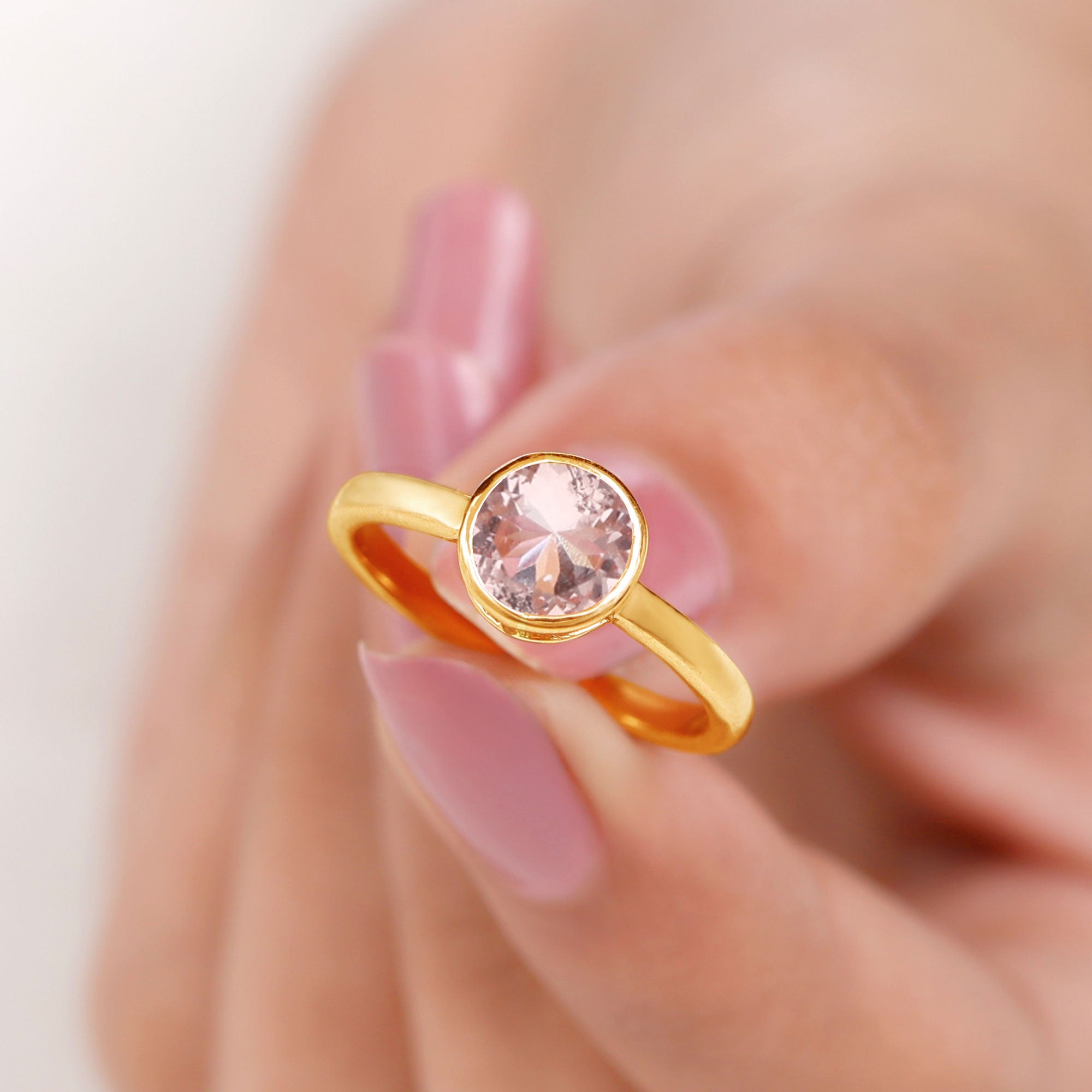 Rosec Jewels-7 MM Round Cut Bezel Set Morganite Solitaire Ring