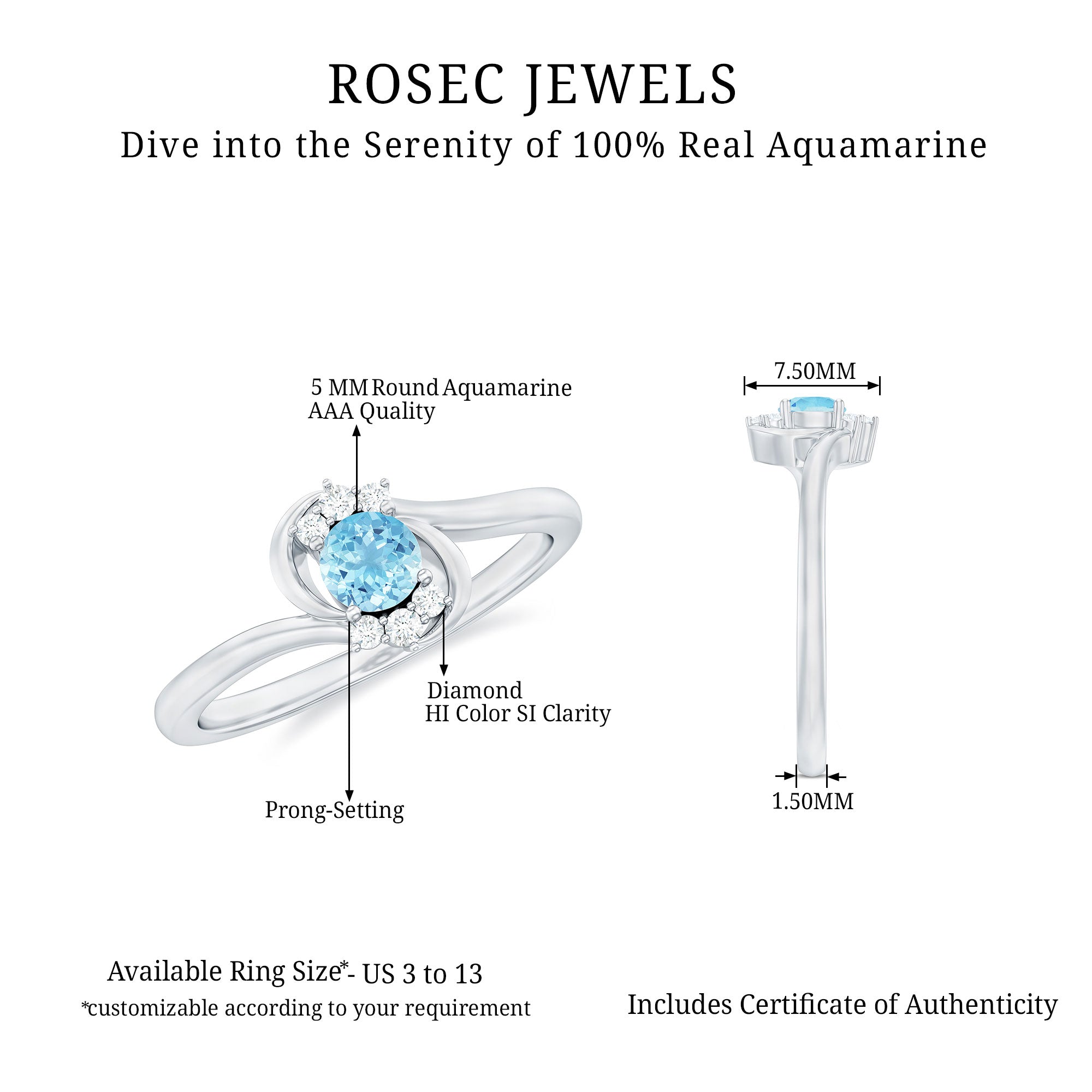 Rosec Jewels-Aquamarine and Diamond Bypass Promise Ring