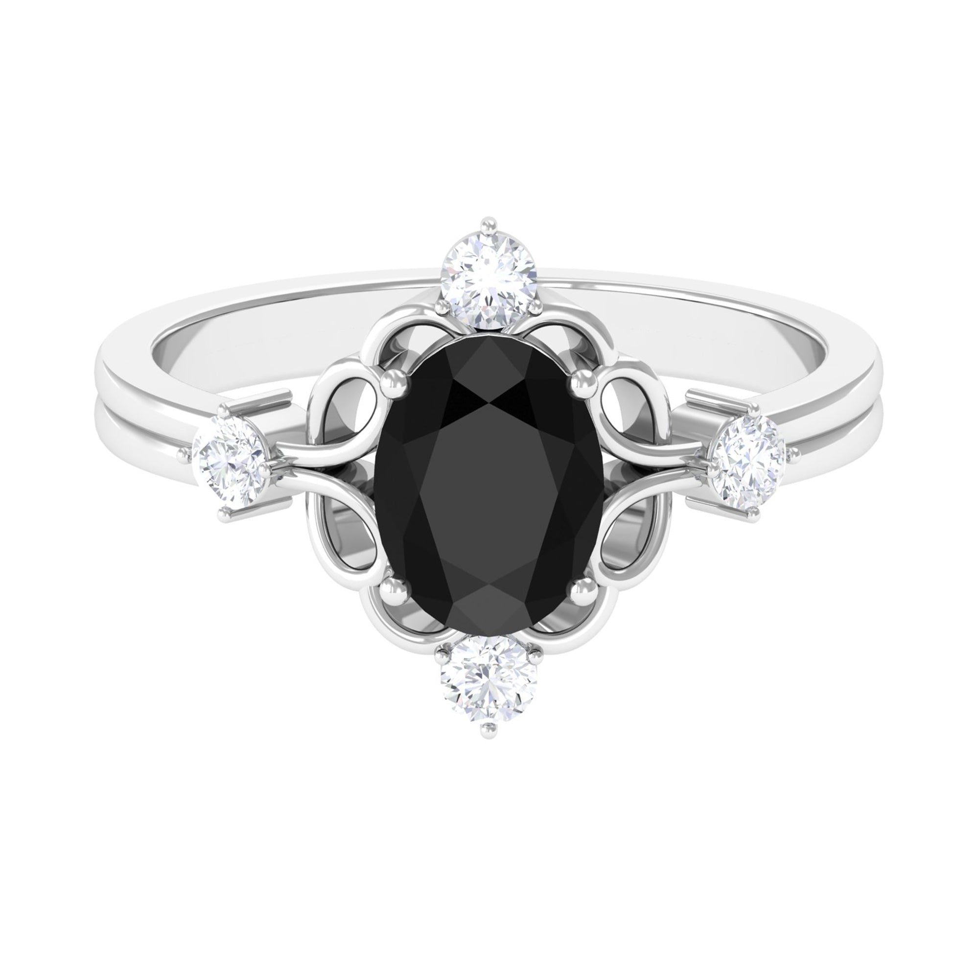 Rosec Jewels-Oval Black Spinel Cocktail Ring with Diamond