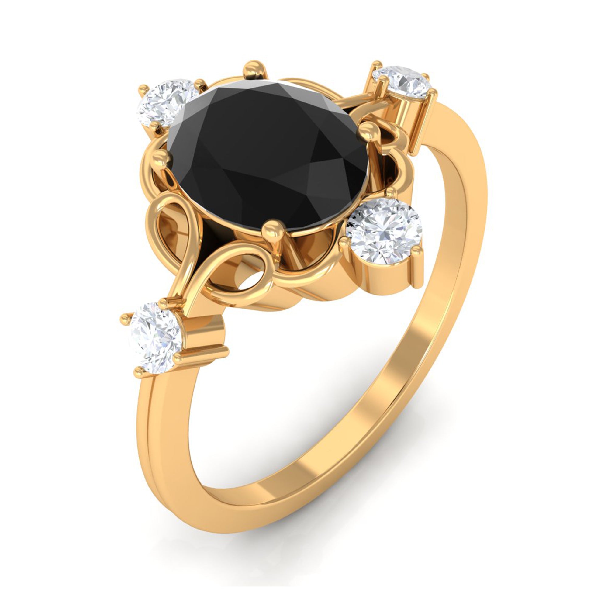 Rosec Jewels-Oval Black Spinel Cocktail Ring with Diamond