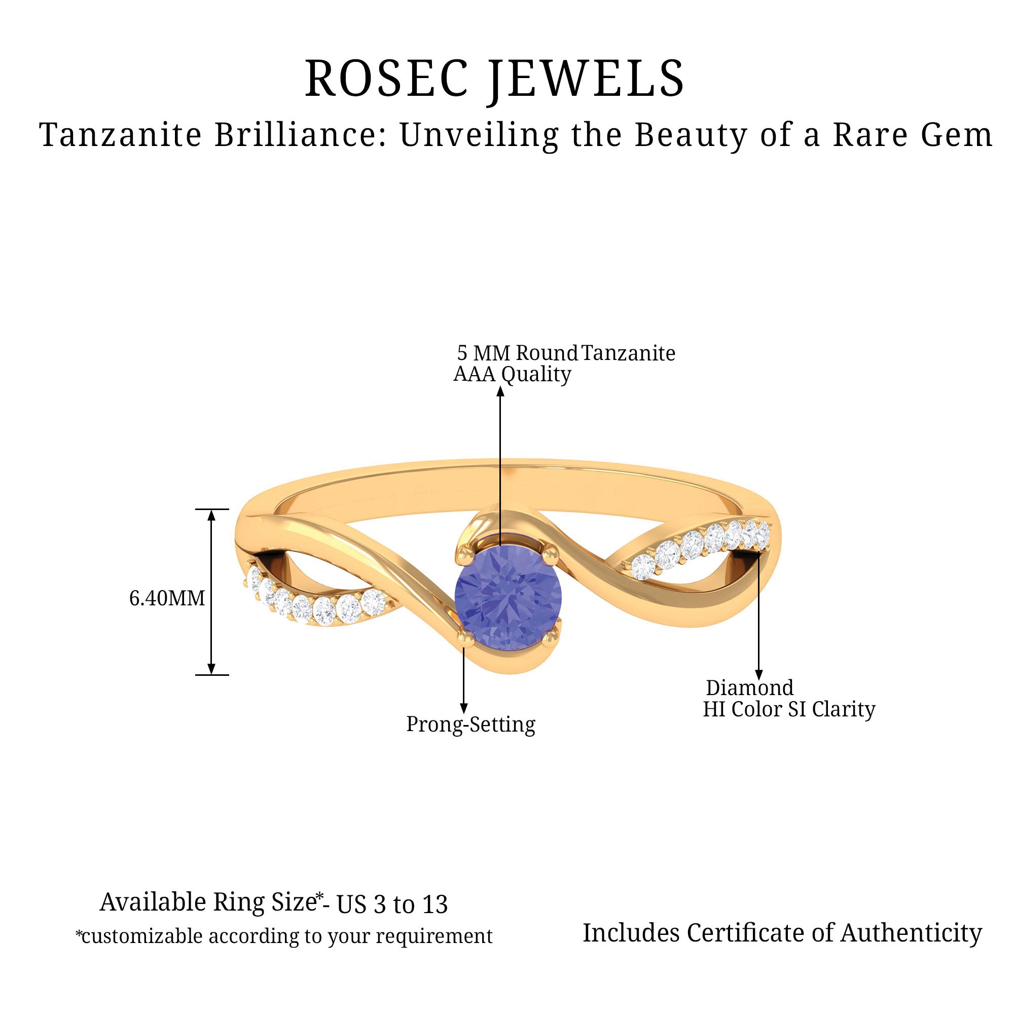 Rosec Jewels-Tanzanite and Diamond Solitaire Bypass Ring