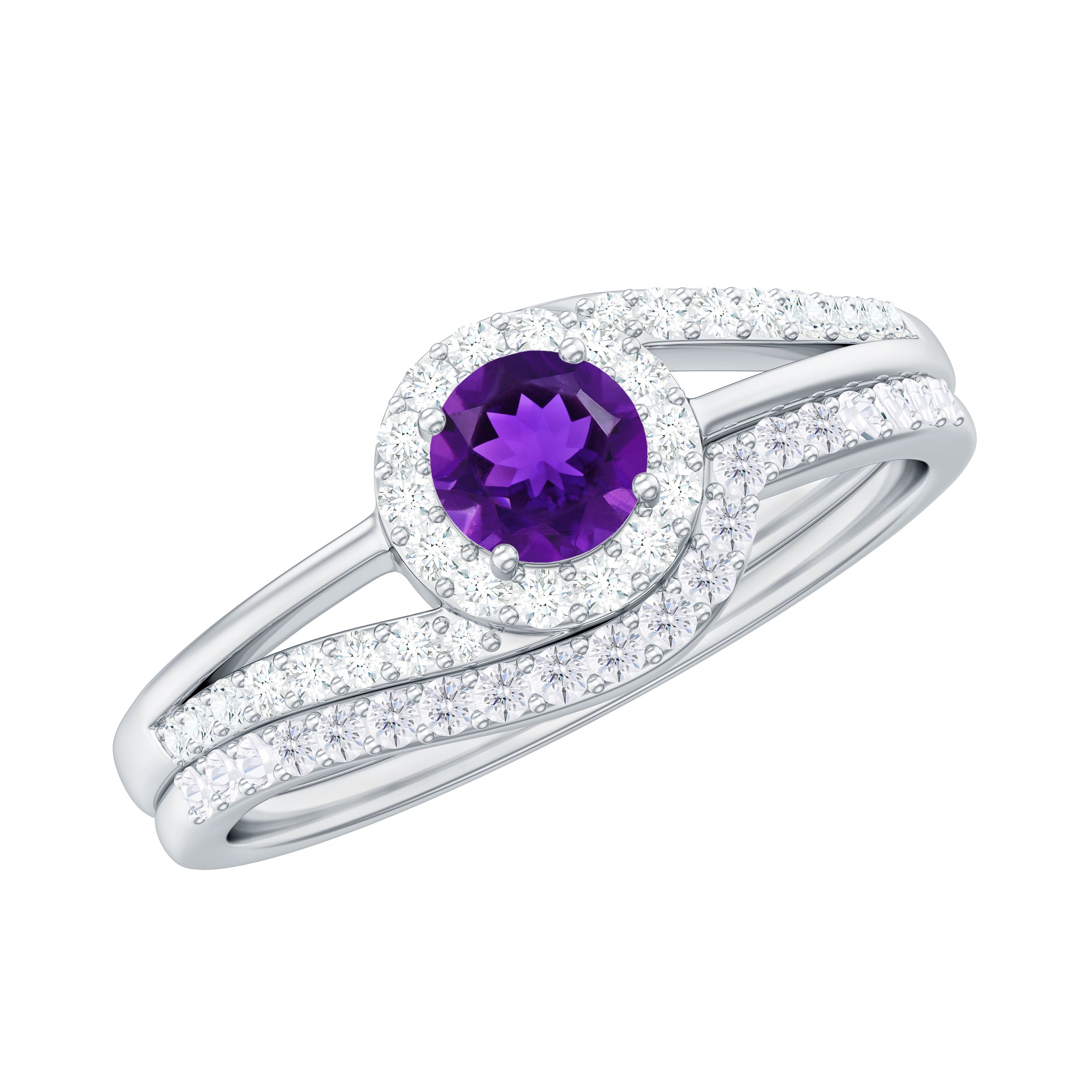 Rosec Jewels-Natural Amethyst and Diamond Minimal Bridal Ring Set