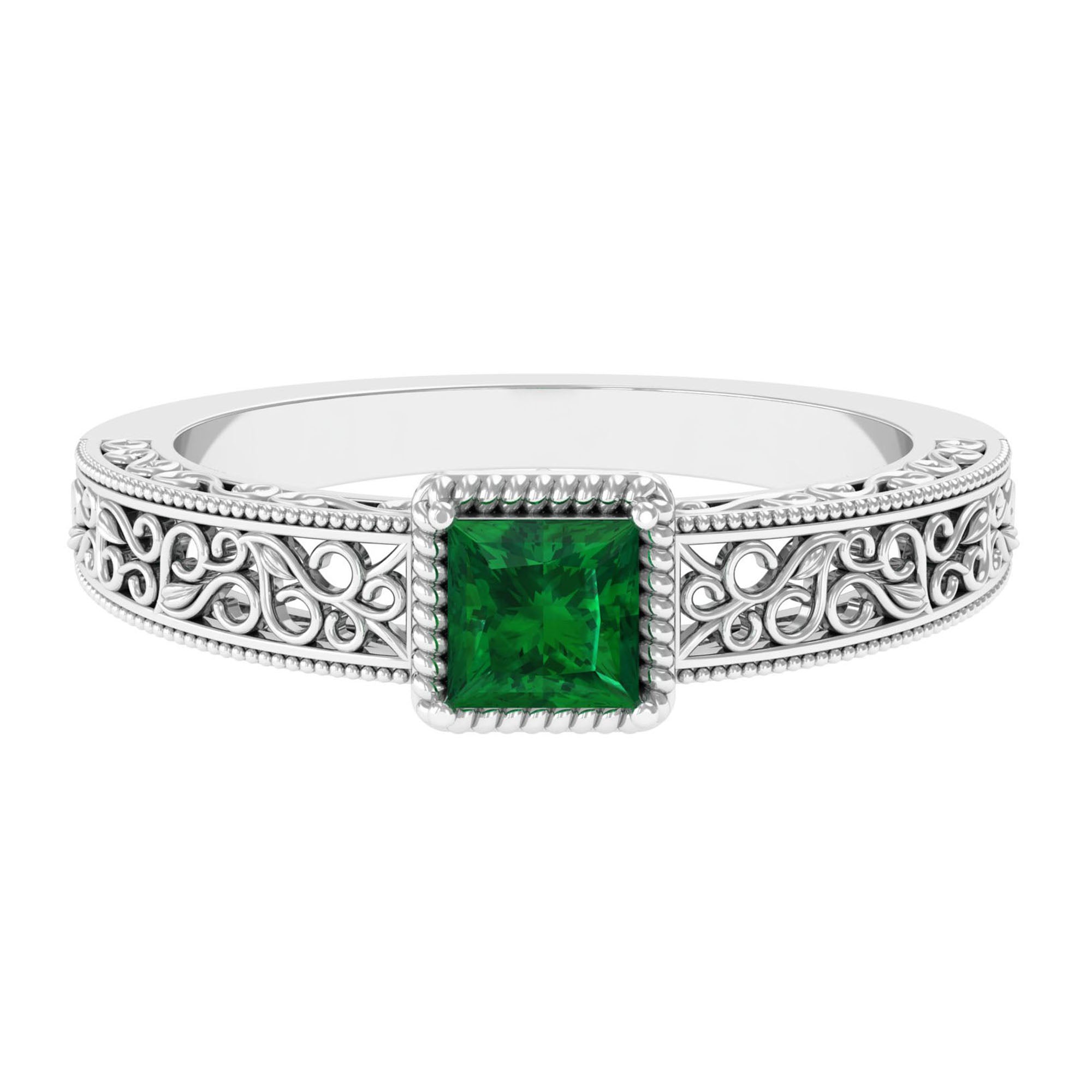 Rosec Jewels-Princess Cut Lab Grown Emerald Solitaire Filigree Engagement Ring