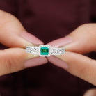 Rosec Jewels-Princess Cut Lab Grown Emerald Solitaire Filigree Engagement Ring