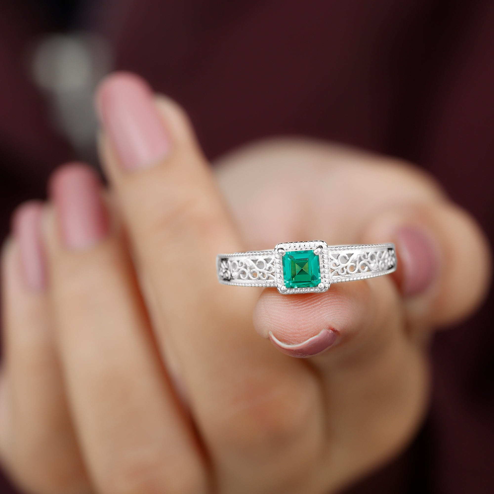 Rosec Jewels-Princess Cut Lab Grown Emerald Solitaire Filigree Engagement Ring