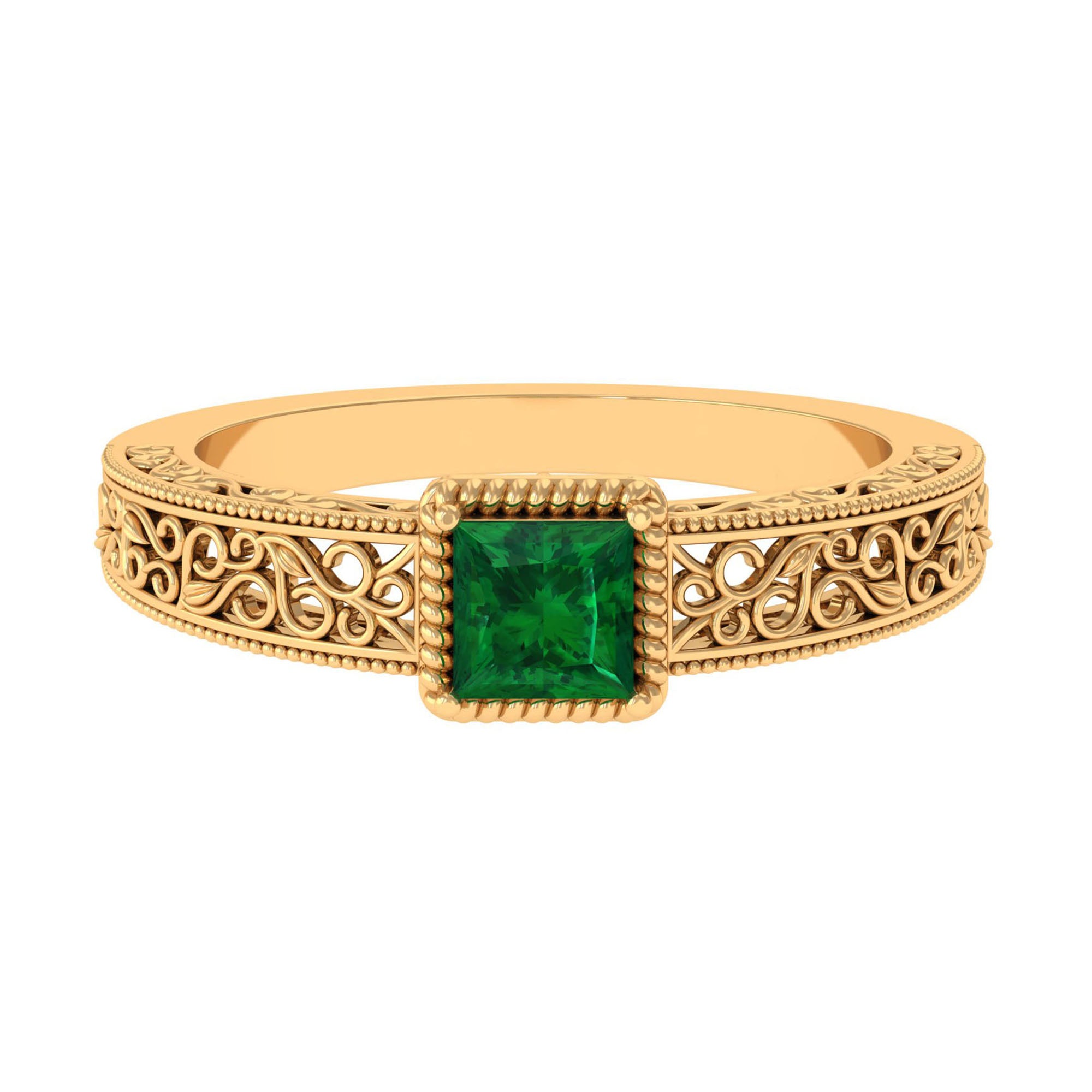 Rosec Jewels-Princess Cut Lab Grown Emerald Solitaire Filigree Engagement Ring