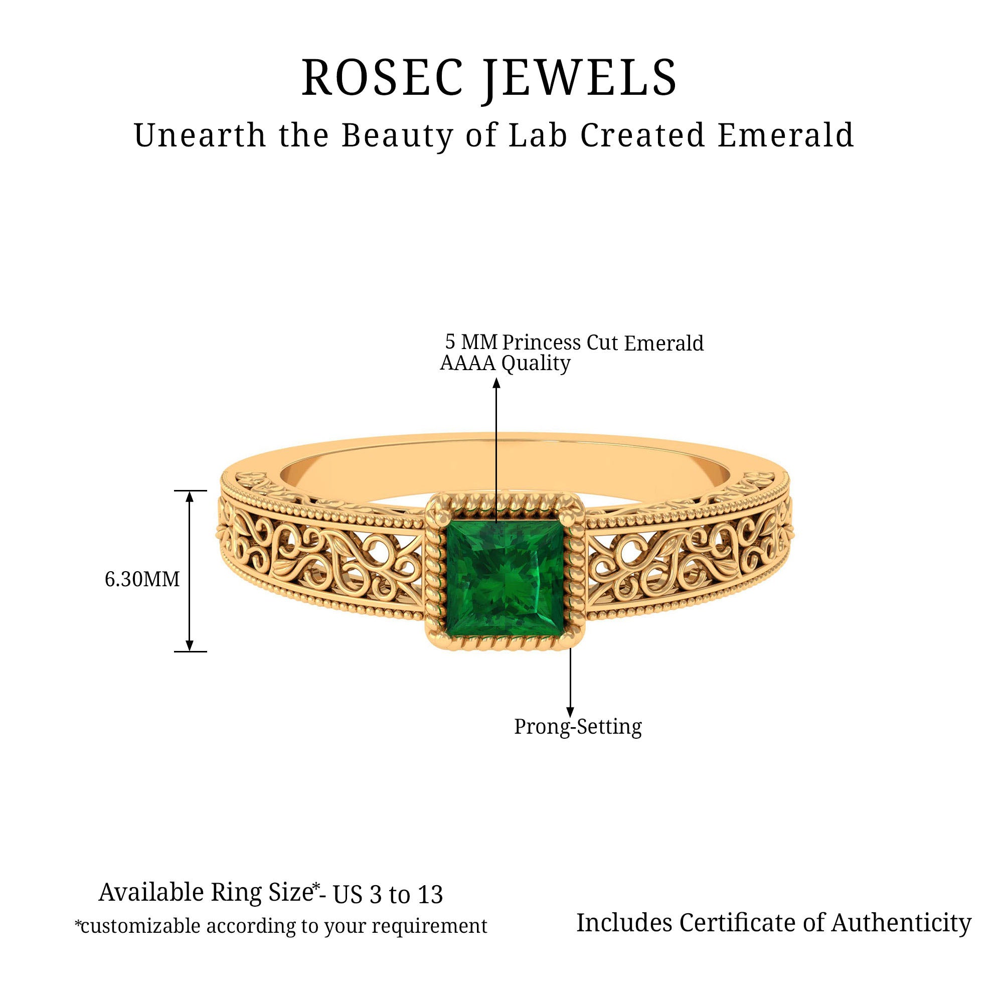 Rosec Jewels-Princess Cut Lab Grown Emerald Solitaire Filigree Engagement Ring