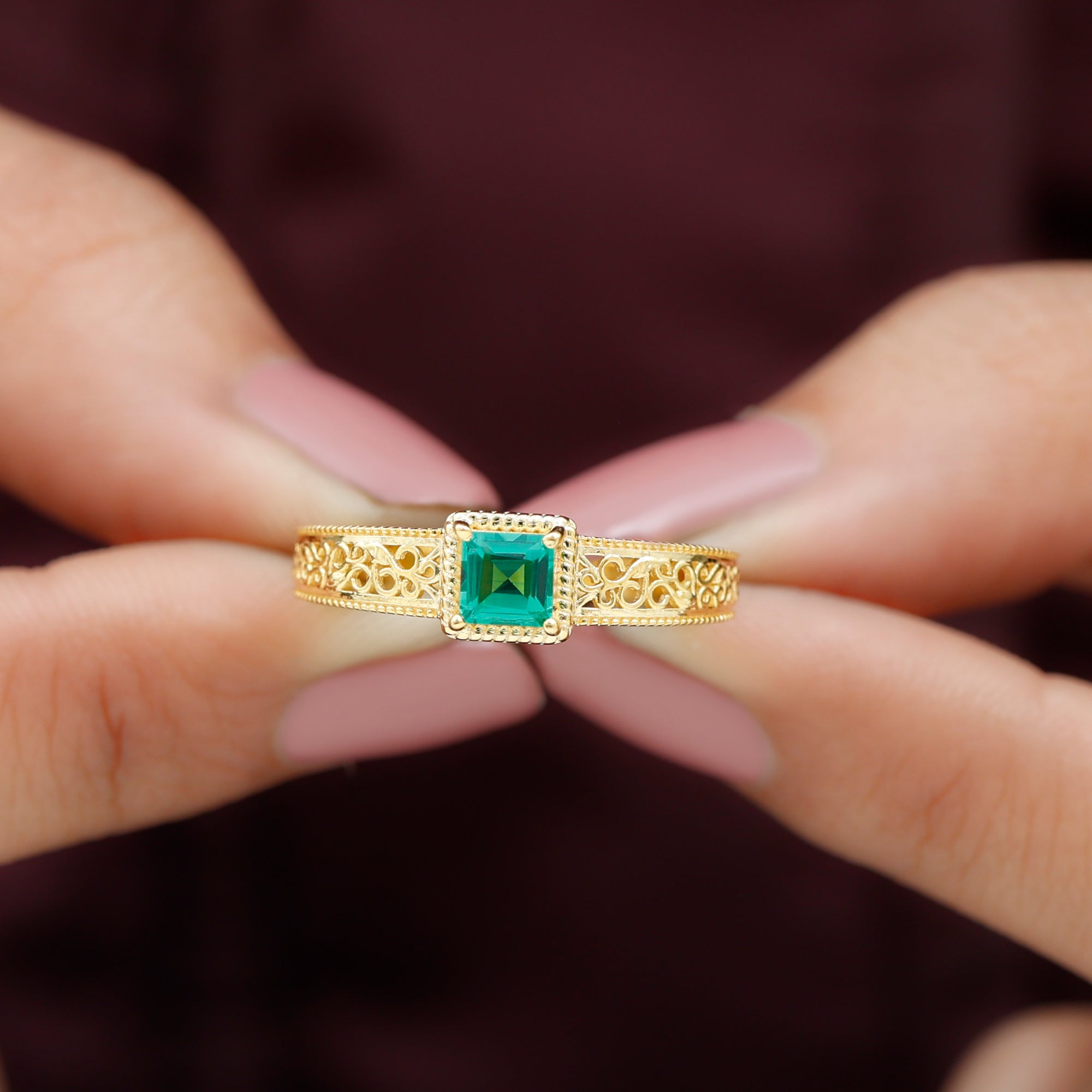 Rosec Jewels-Princess Cut Lab Grown Emerald Solitaire Filigree Engagement Ring