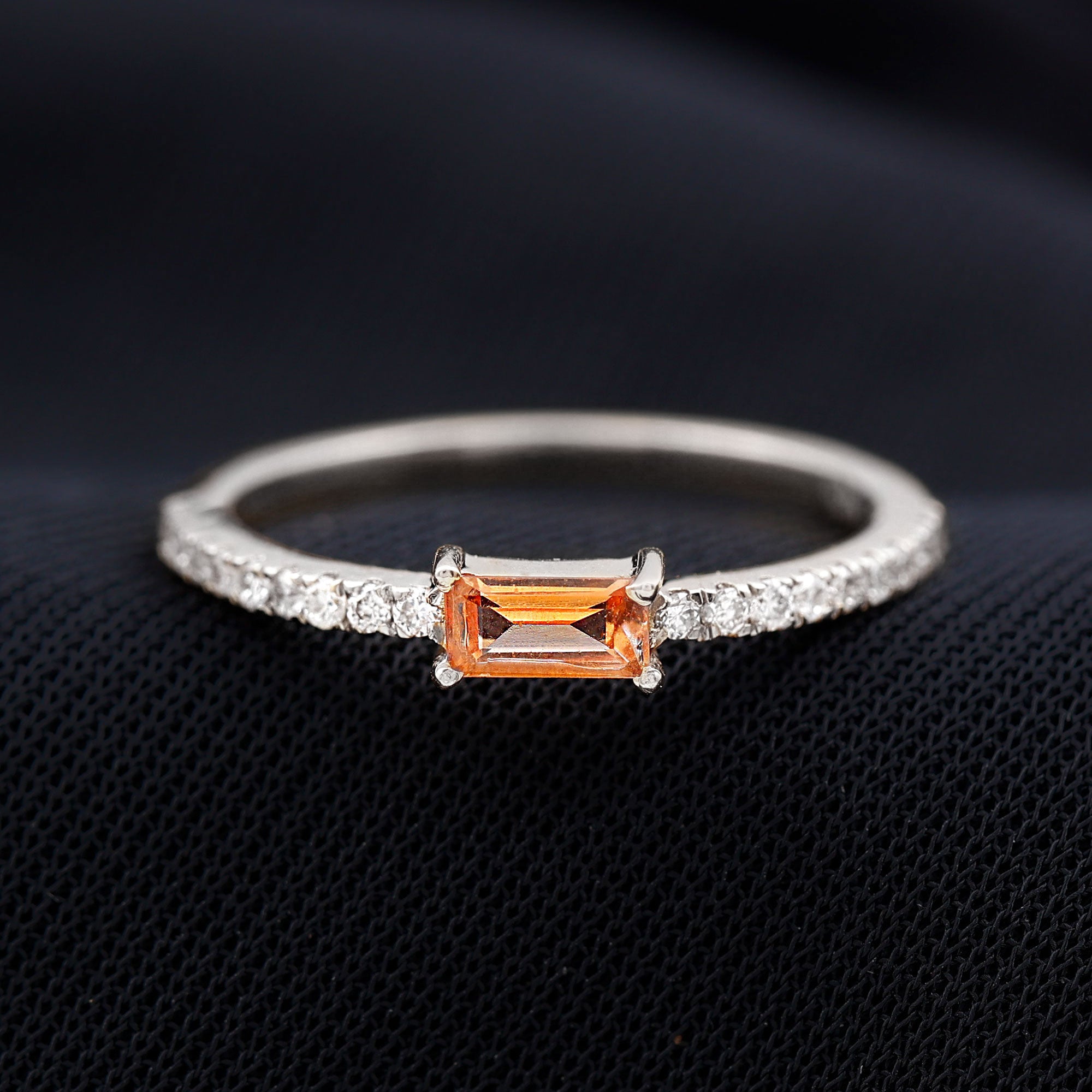 Rosec Jewels-Baguette Cut Lab Orange Sapphire East West Promise Ring with Diamond