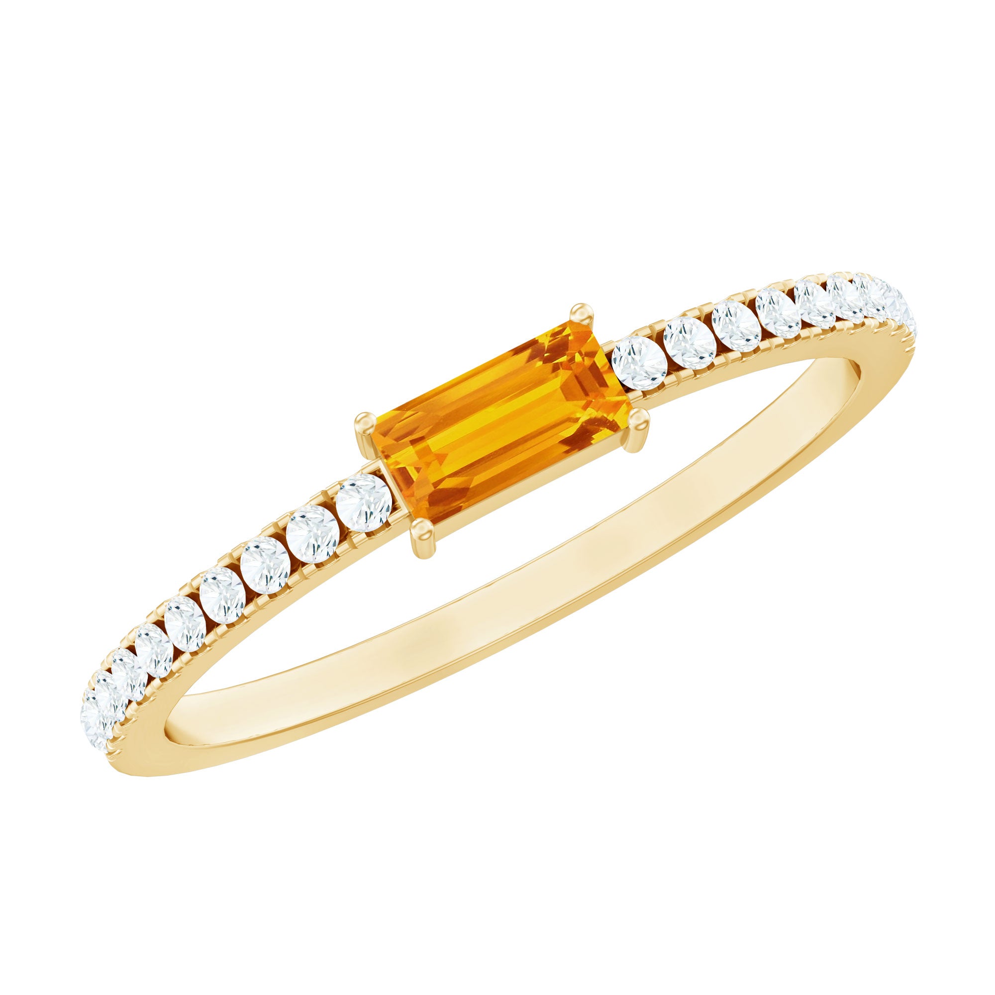 Rosec Jewels-Baguette Cut Lab Orange Sapphire East West Promise Ring with Diamond