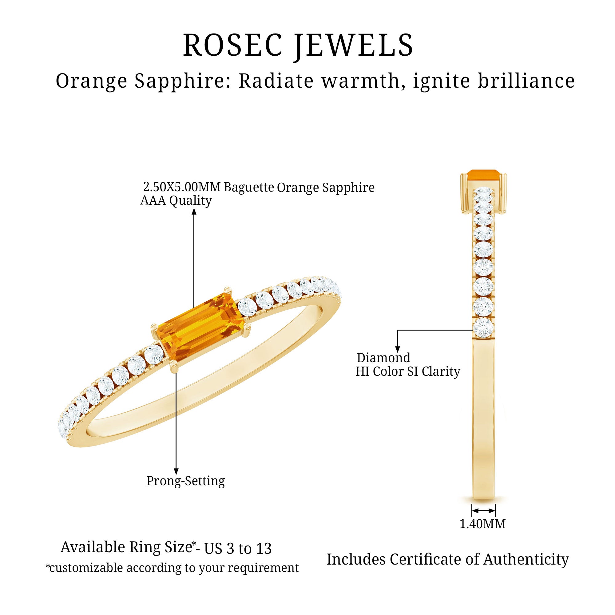 Rosec Jewels-Baguette Cut Lab Orange Sapphire East West Promise Ring with Diamond