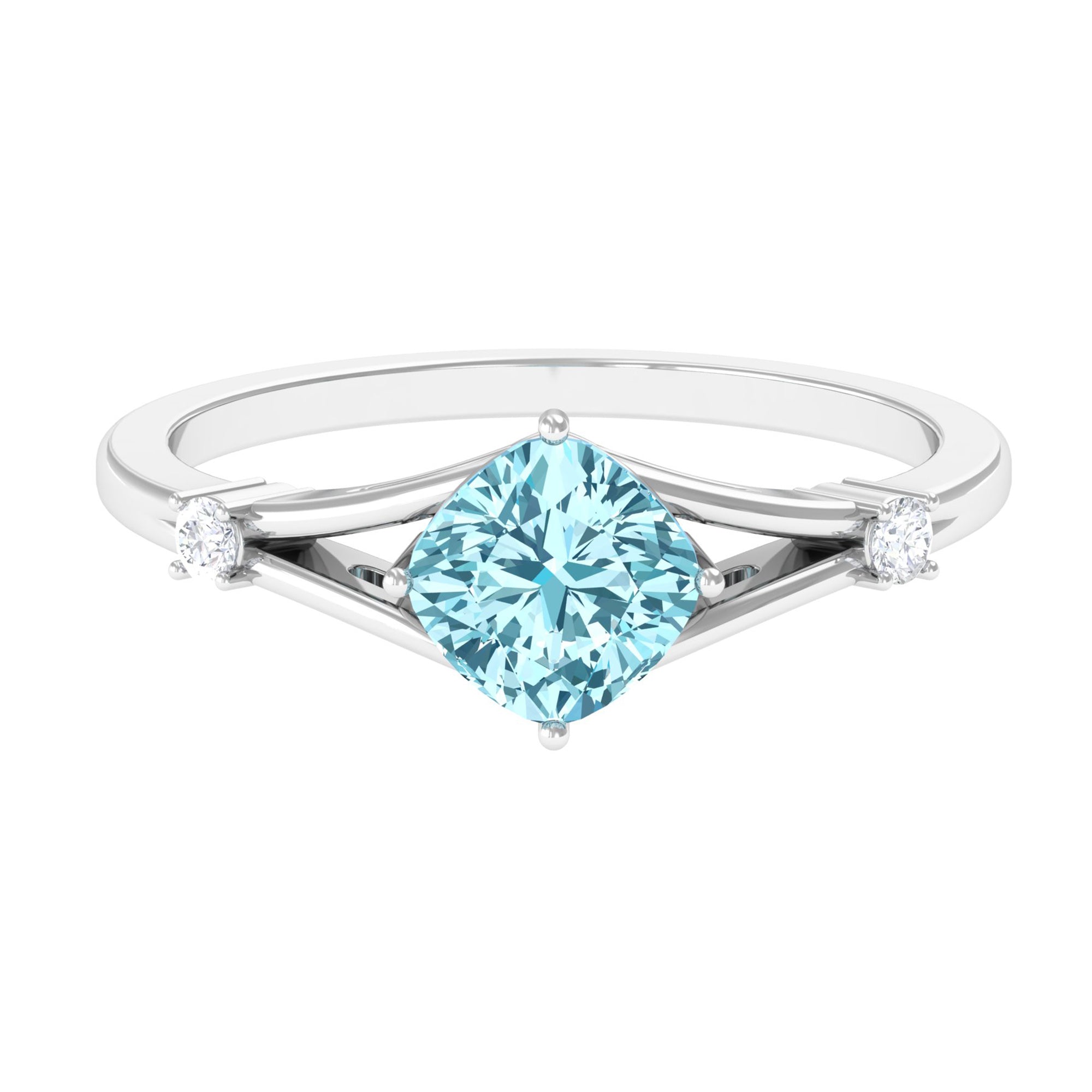 Rosec Jewels-Cushion Cut Aquamarine Solitaire Ring with Diamond in Split Shank