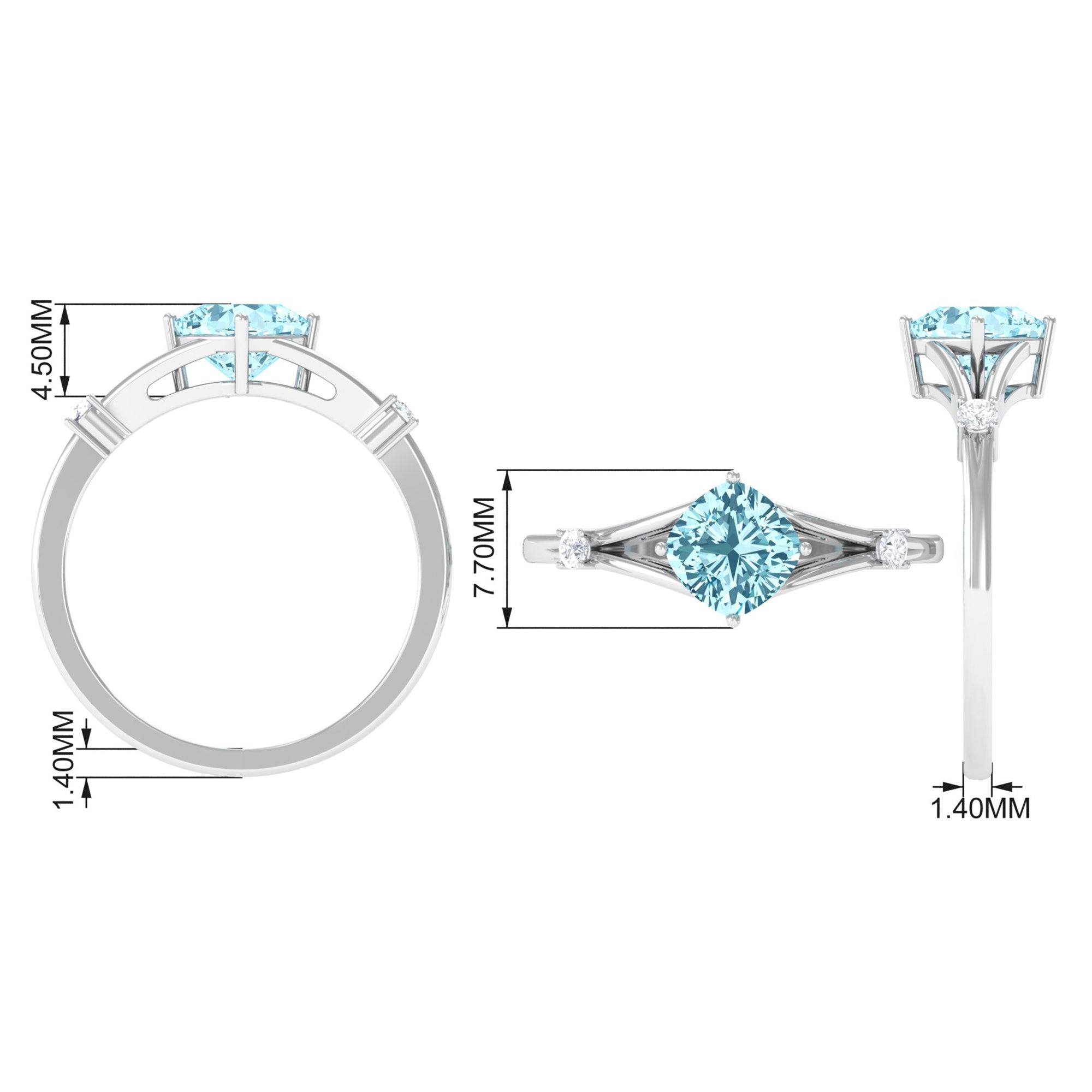 Rosec Jewels-Cushion Cut Aquamarine Solitaire Ring with Diamond in Split Shank