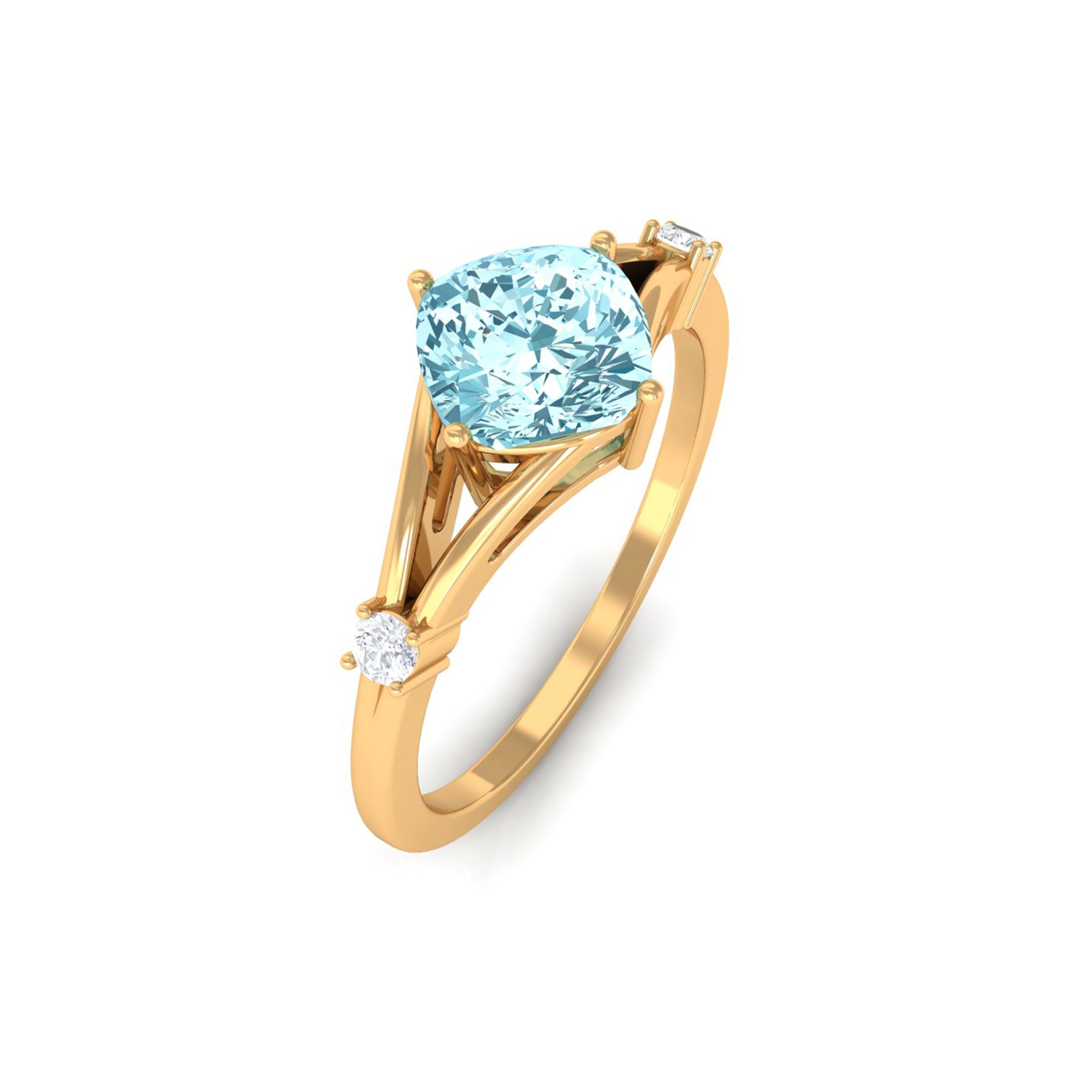 Rosec Jewels-Cushion Cut Aquamarine Solitaire Ring with Diamond in Split Shank