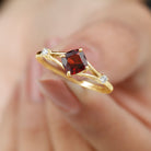 Rosec Jewels-Cushion Cut Garnet Solitaire Split Shank Ring with Diamond