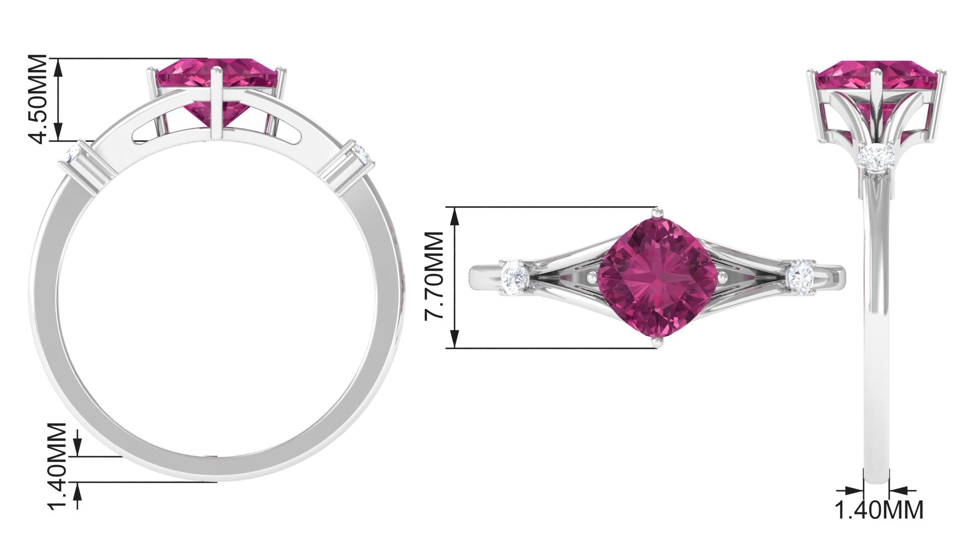 Rosec Jewels-Cushion Cut Pink Tourmaline Solitaire Ring with Diamond