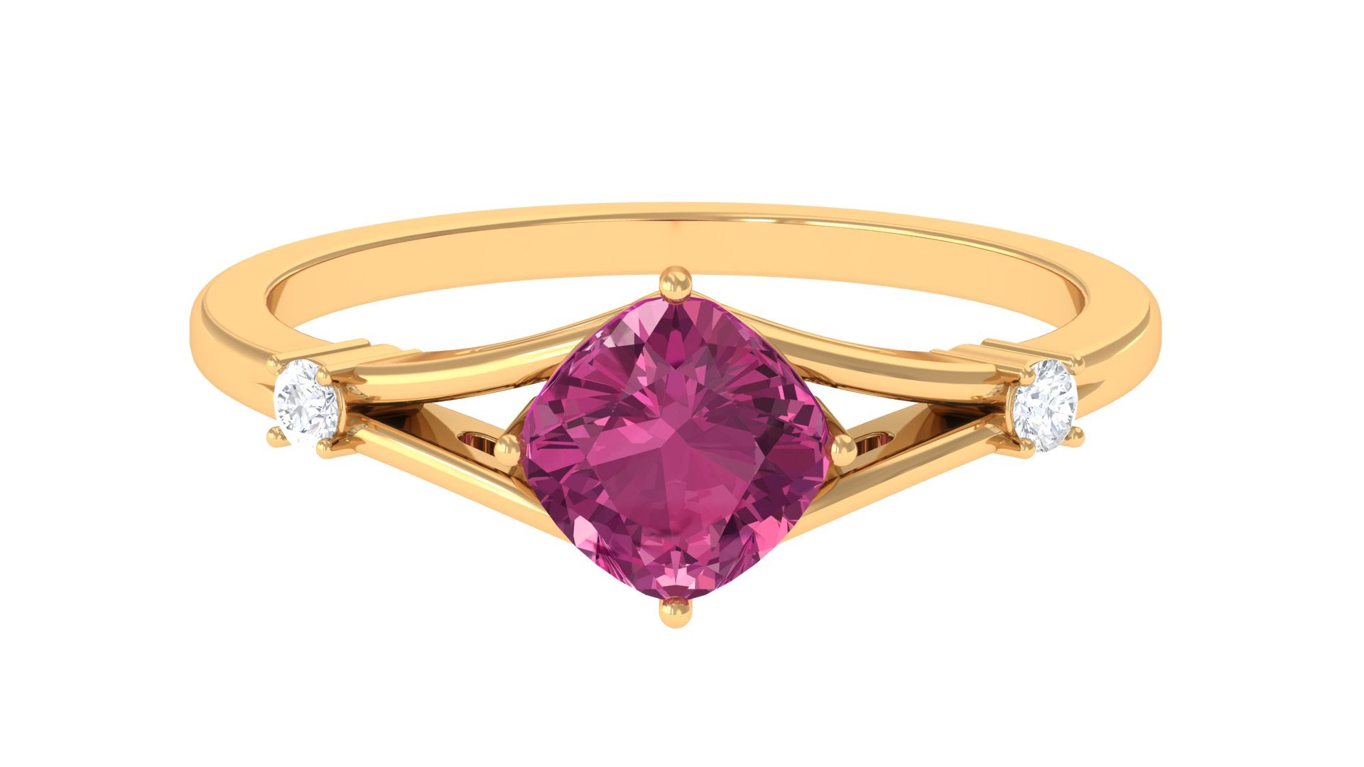 Rosec Jewels-Cushion Cut Pink Tourmaline Solitaire Ring with Diamond